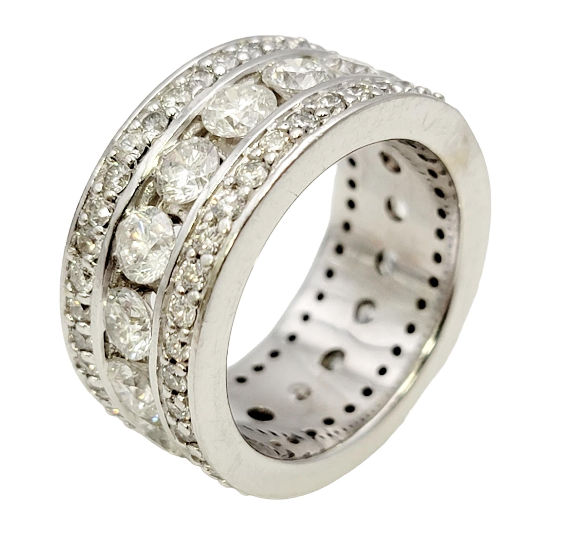 5.85 Carat Total Three Row Round Brilliant Diamond White Gold Eternity Band Ring For Sale 1