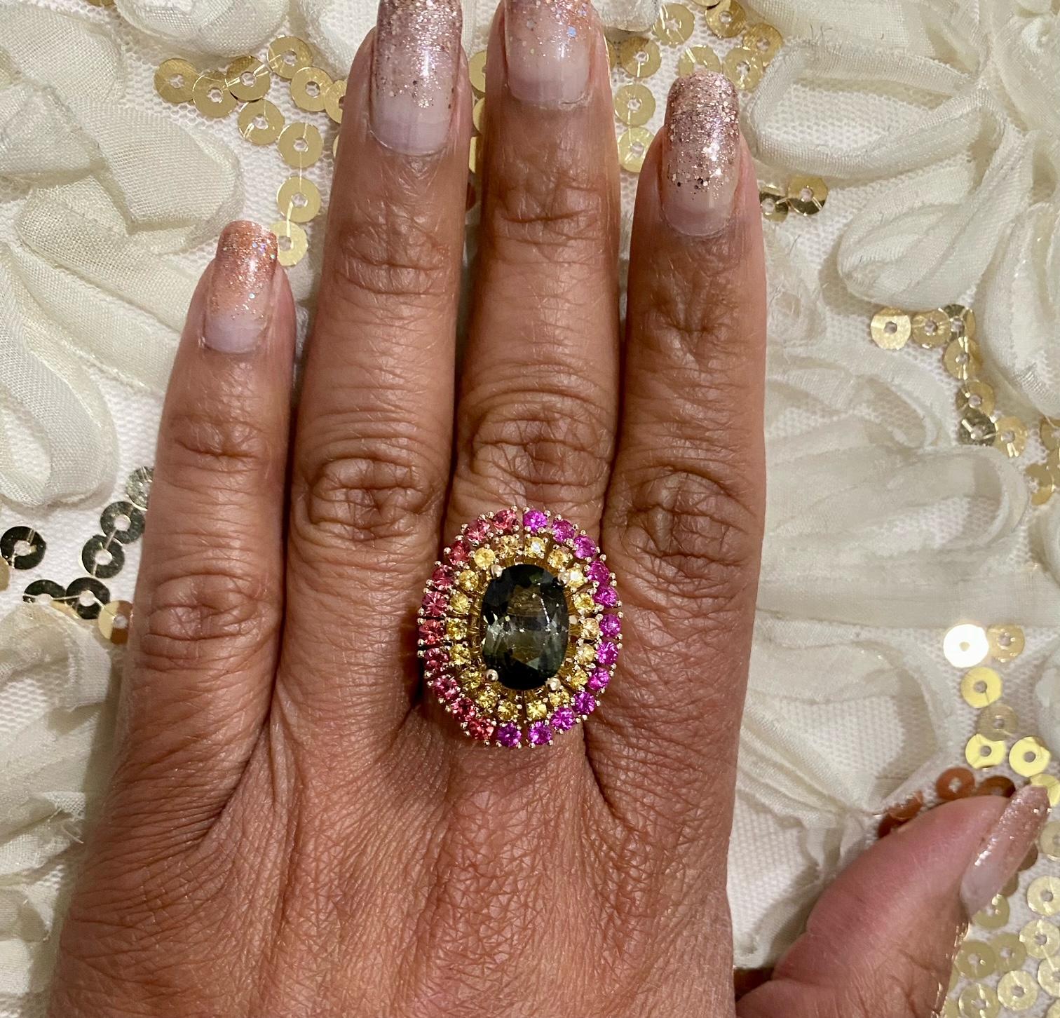 5.85 Carat Tourmaline Sapphire 14 Karat Yellow Gold Cocktail Ring In New Condition For Sale In Los Angeles, CA