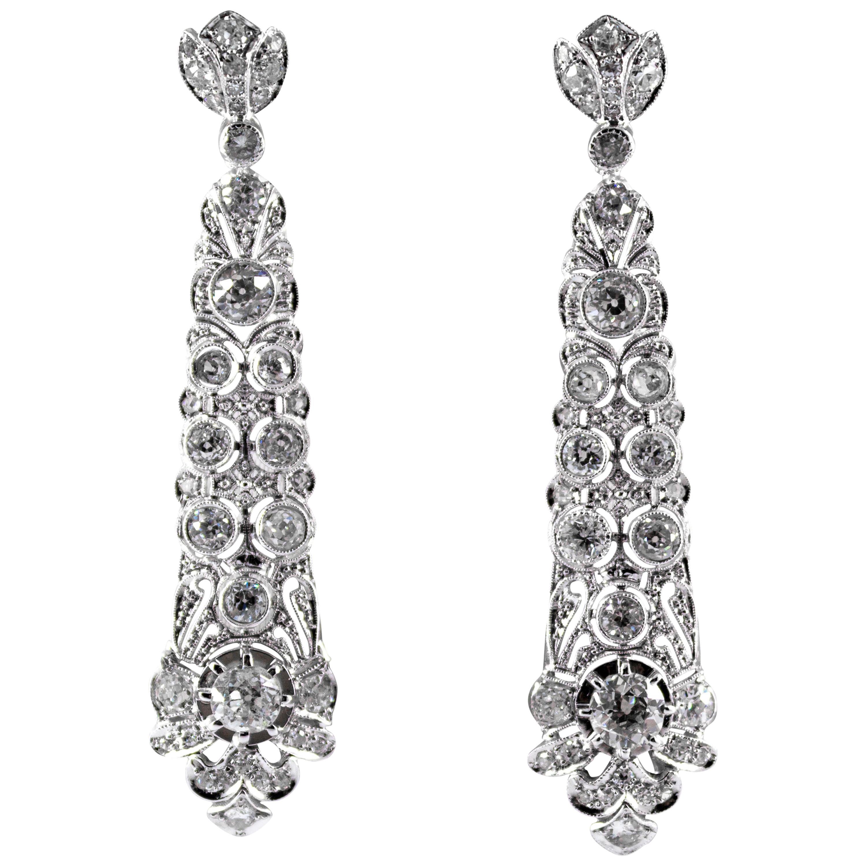 5.85 Carat White Old European Cut Diamond White Gold Clip-On Drop Earrings