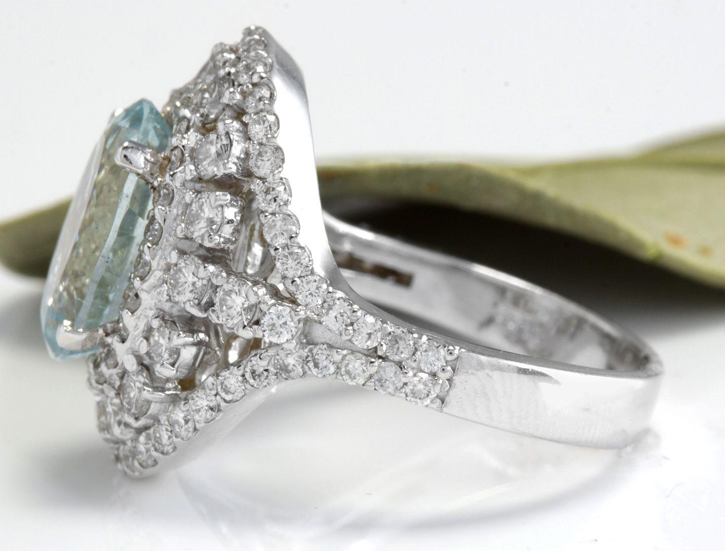 Rose Cut 5.85 Carat Natural Aquamarine and Diamond 14 Karat Solid White Gold Ring For Sale