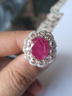 5.85 carats, natural Mozambique Ruby & Rose Cut Diamonds Engagement Ring