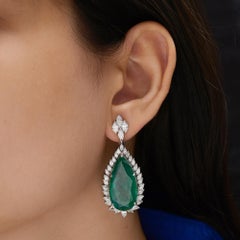 5.85 Ct Diamond Halo 38.88 Ct Zambian Emerald Teardrop Earrings 18k White Gold