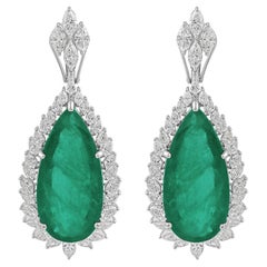 5.85 Ct Diamond Halo 38.88 Ct Zambian Emerald Teardrop Earrings 18k White Gold