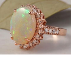 5.85 Ct Natural Impressive Australian Opal and Diamond 14 Karat Solid Gold Ring