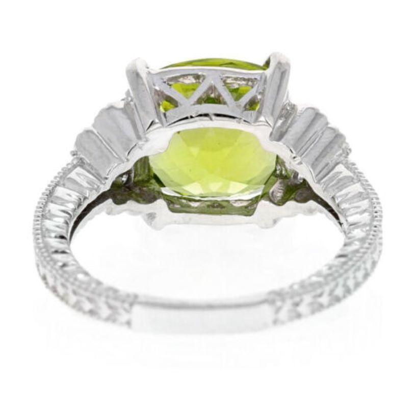 Mixed Cut 5.85 Ct Natural Very Nice Looking Peridot and Diamond 14K Solid White Gold Ring For Sale