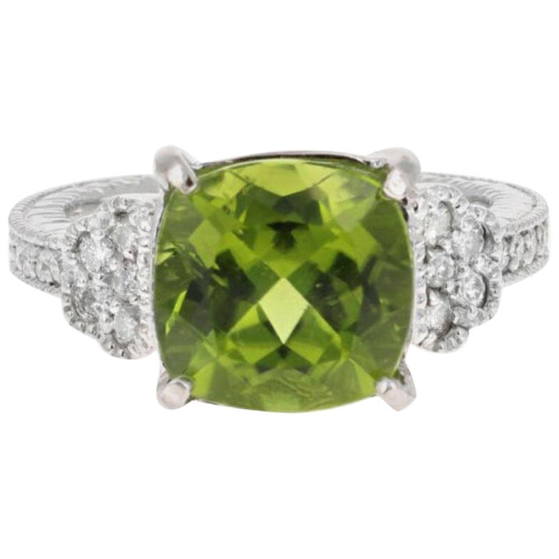 5.85 Ct Natural Very Nice Looking Peridot and Diamond 14K Solid White Gold Ring