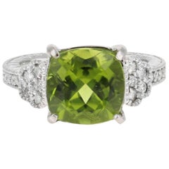 5.85 Ct Natural Very Nice Looking Peridot and Diamond 14K Solid White Gold Ring