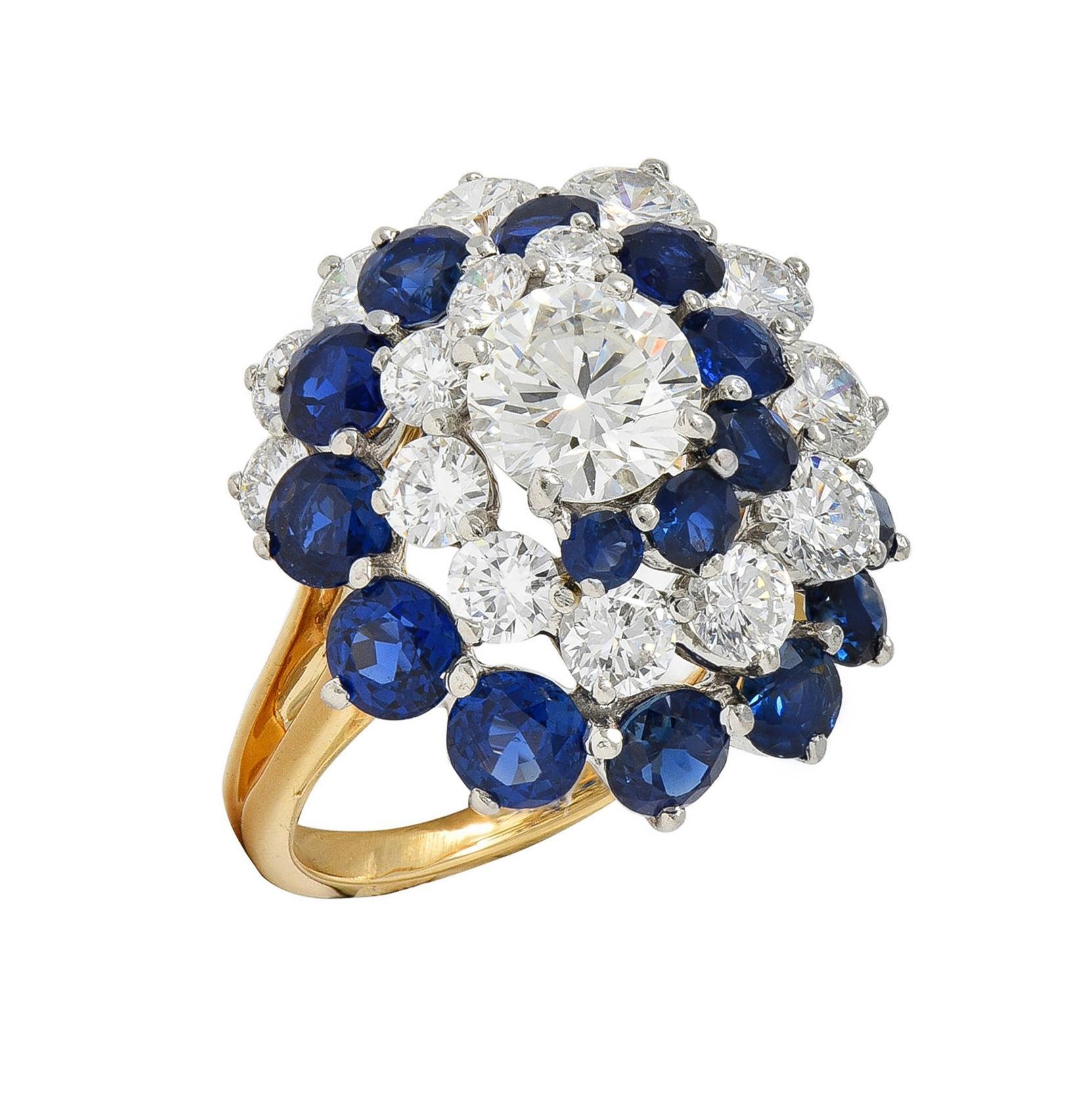 5.85 CTW Sapphire Diamond Platinum 18K Gold Vintage Spiral Cluster Ring For Sale 6