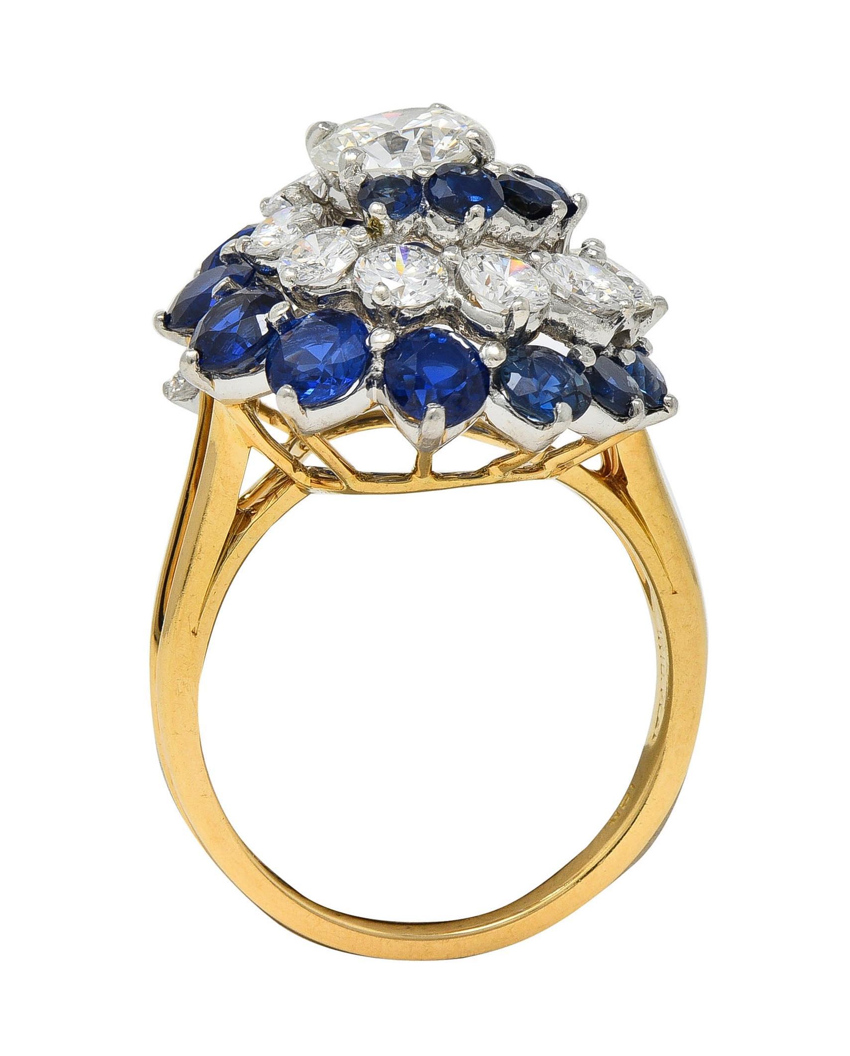 Brilliant Cut 5.85 CTW Sapphire Diamond Platinum 18K Gold Vintage Spiral Cluster Ring For Sale