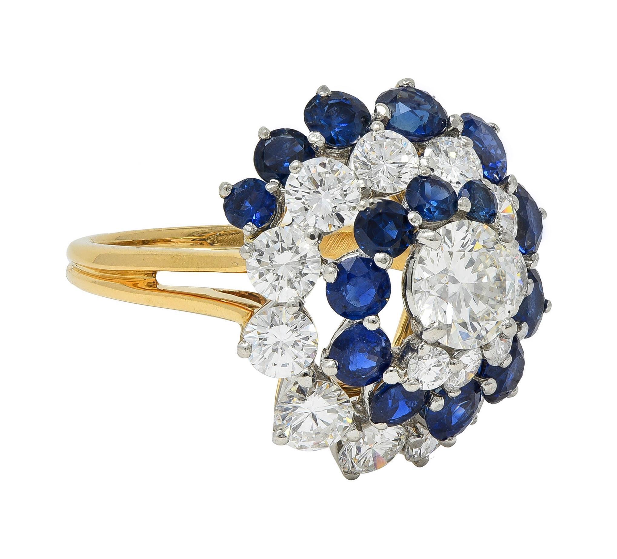 5.85 CTW Sapphire Diamond Platinum 18K Gold Vintage Spiral Cluster Ring In Excellent Condition For Sale In Philadelphia, PA