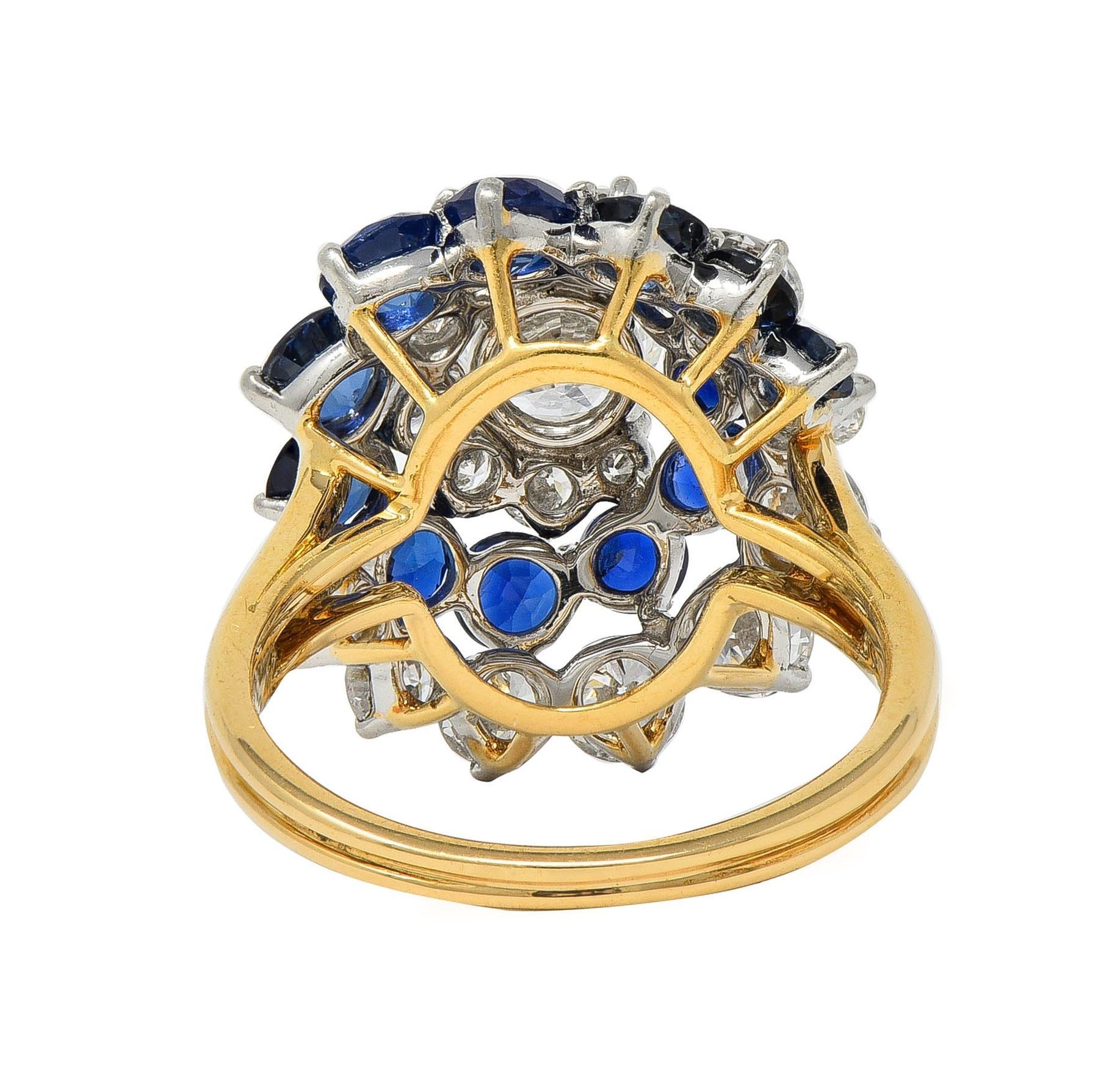5.85 CTW Sapphire Diamond Platinum 18K Gold Vintage Spiral Cluster Ring For Sale 1