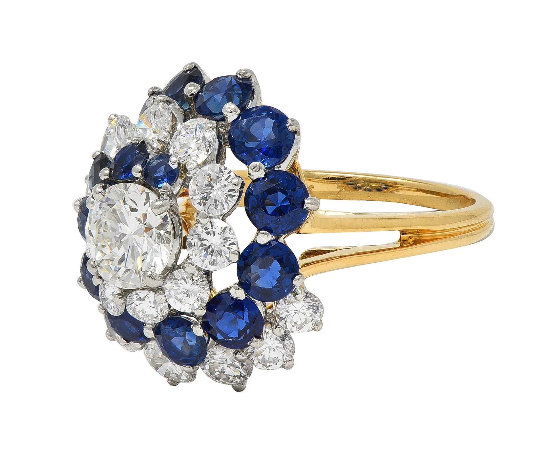 5.85 CTW Sapphire Diamond Platinum 18K Gold Vintage Spiral Cluster Ring For Sale 3