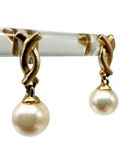 585 Yellow Gold Earrings with Pearls and Small Diamonds