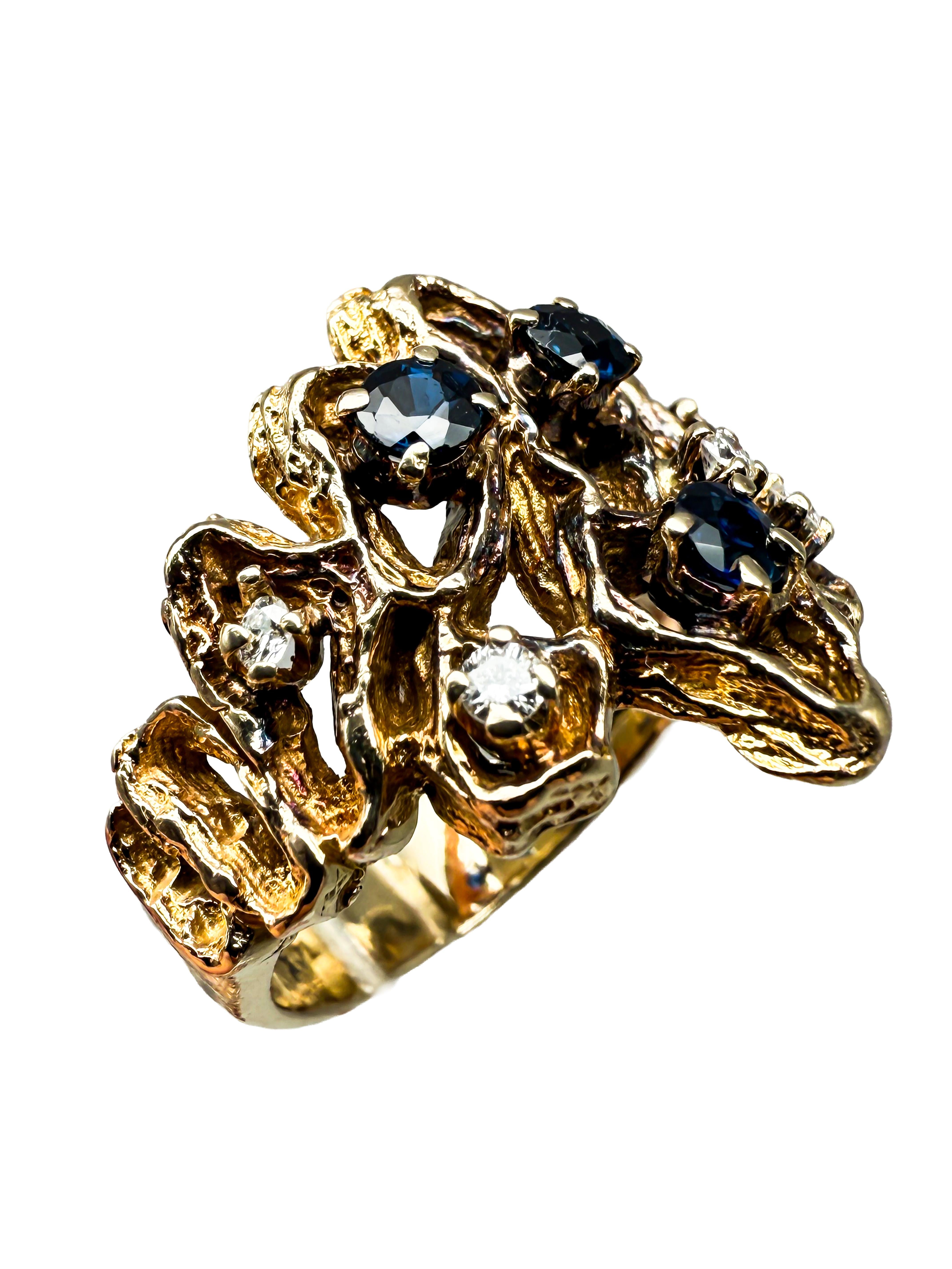 Rétro 585 Yellow Gold Ring with Diamonds and Sapphire; Certificate Included in vendita