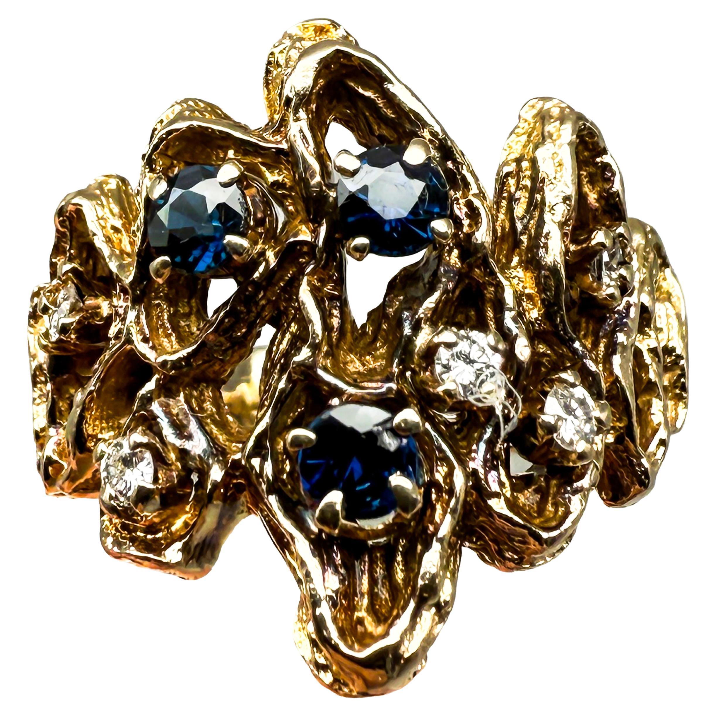 585 Yellow Gold Ring with Diamonds and Sapphire; Certificate Included