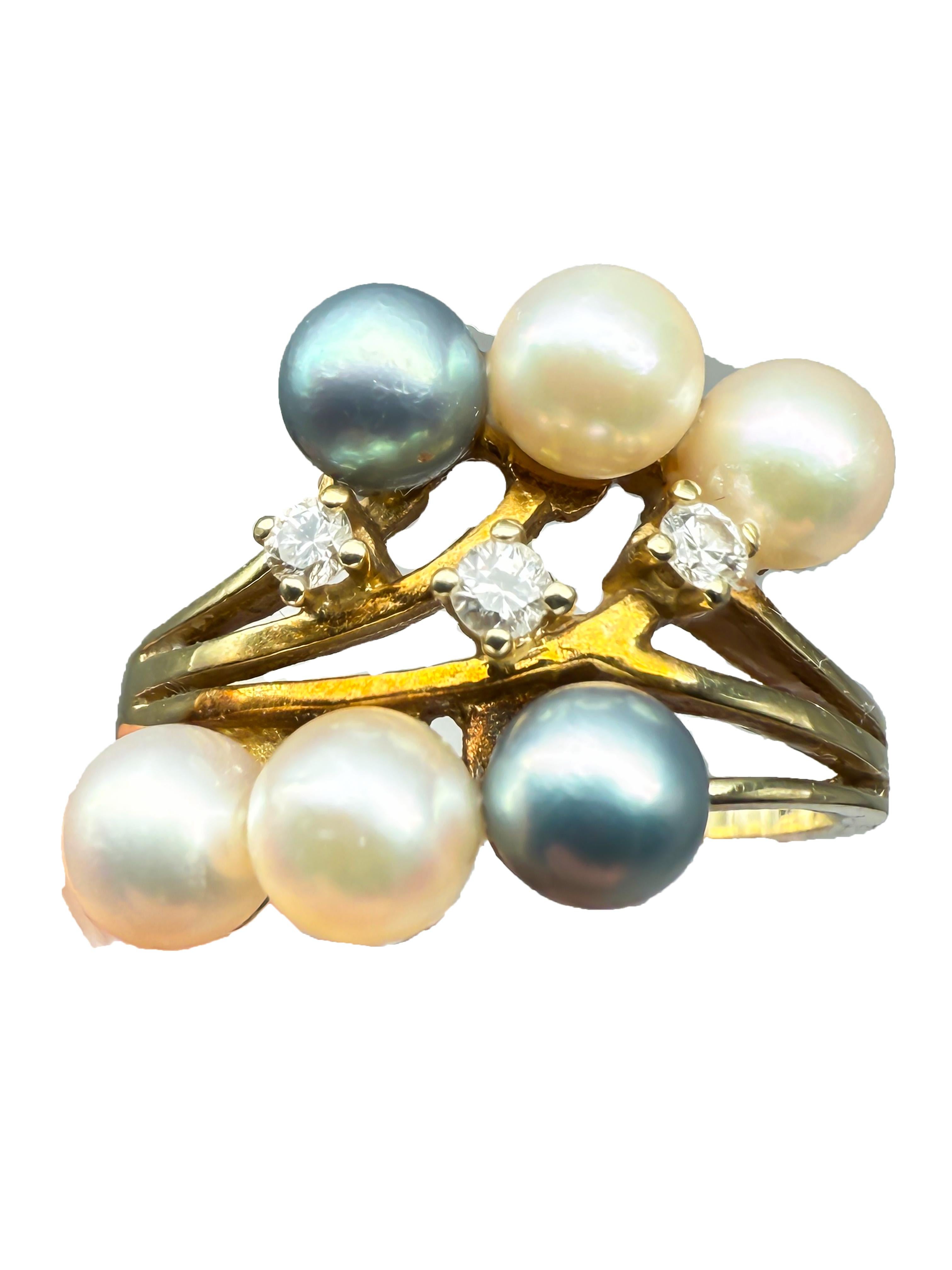 Taille ronde 585 Bague en or jaune avec perles et diamants en vente