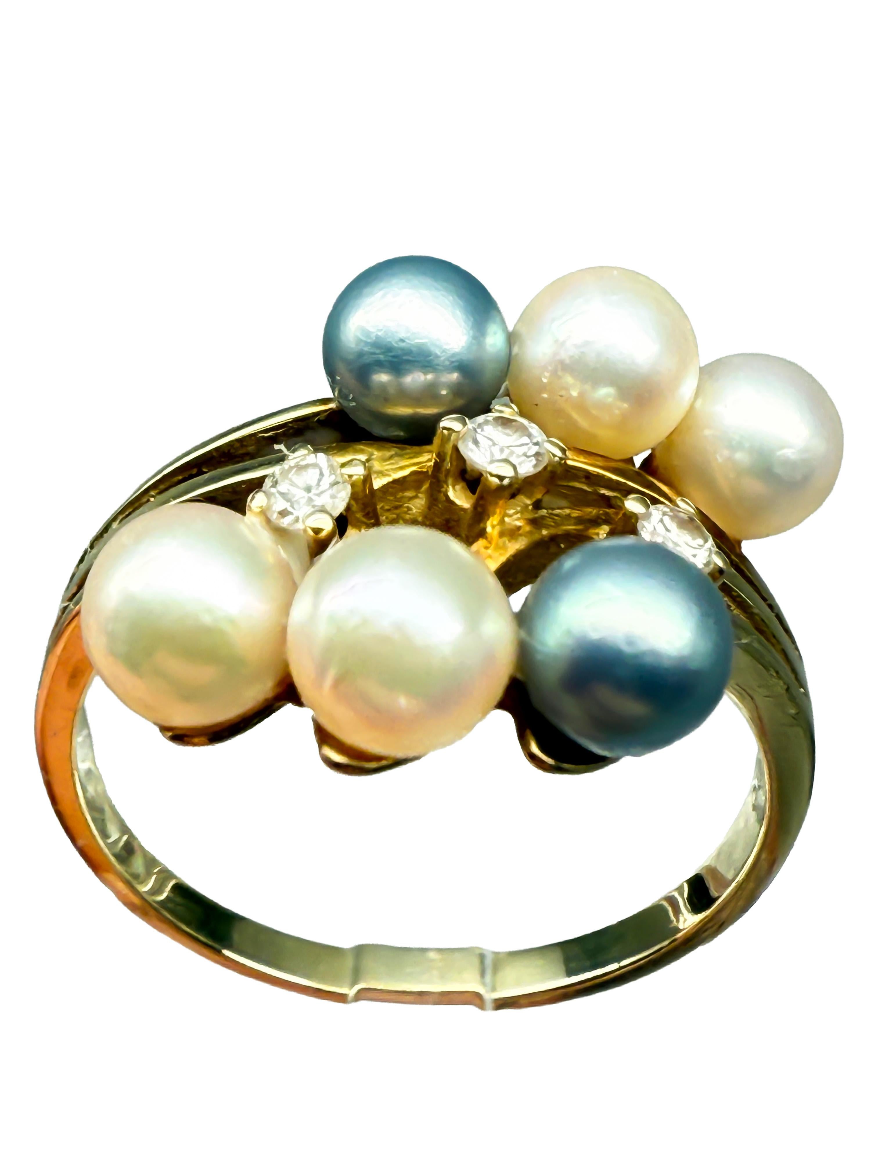 585 Bague en or jaune avec perles et diamants Bon état - En vente à Berlin, DE