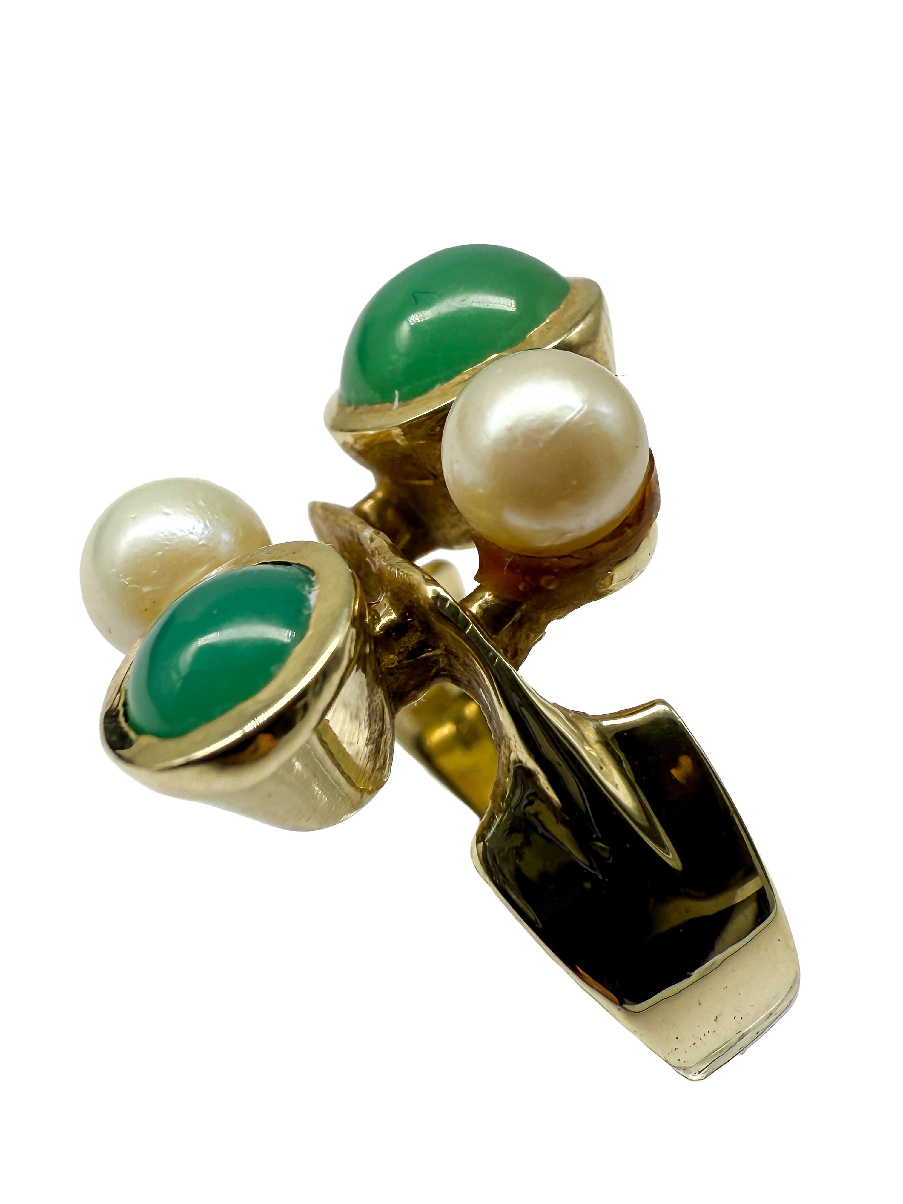 Moderne 585 Bague en or jaune avec perles et jade en vente