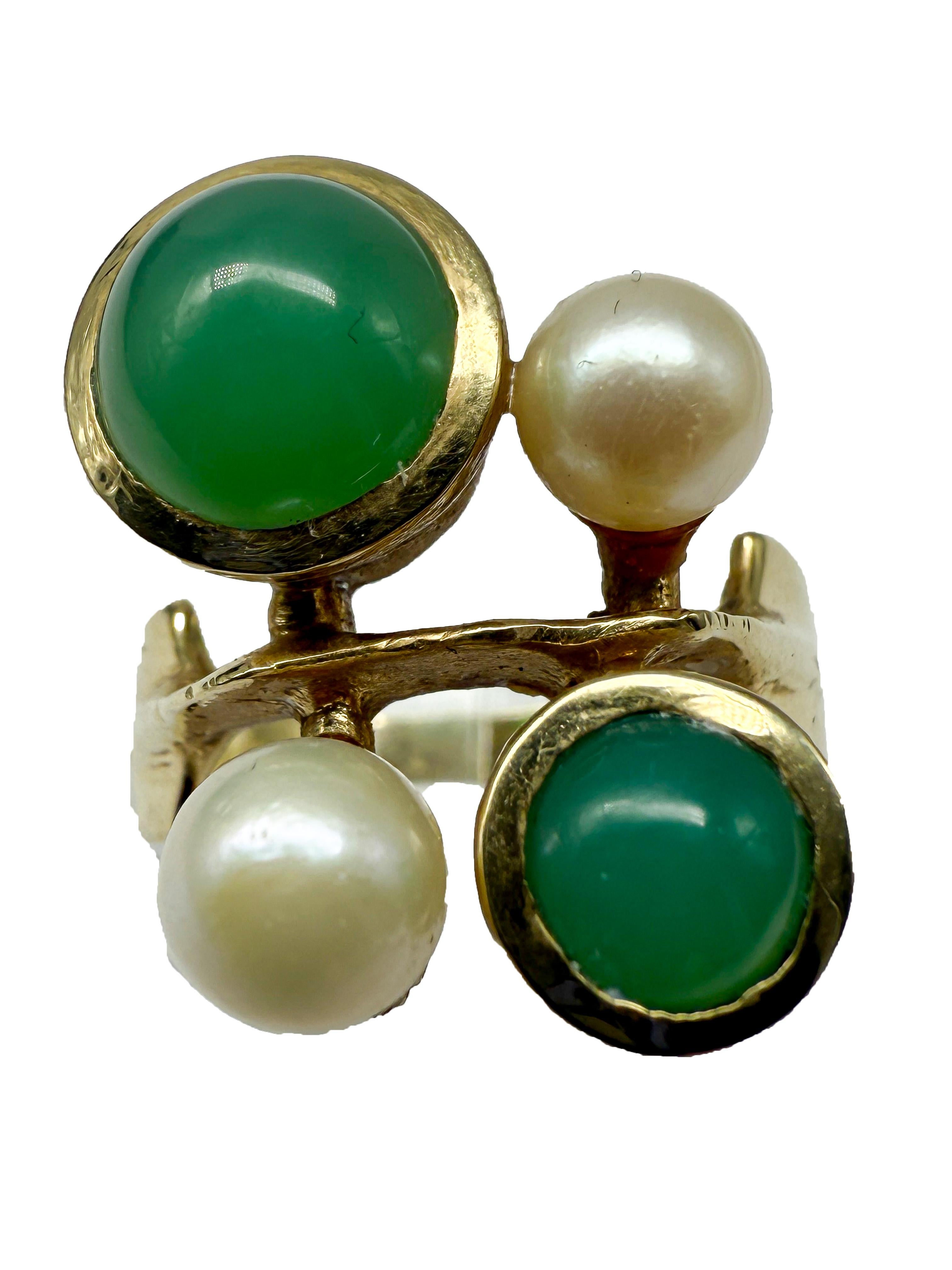 Taille cabochon 585 Bague en or jaune avec perles et jade en vente