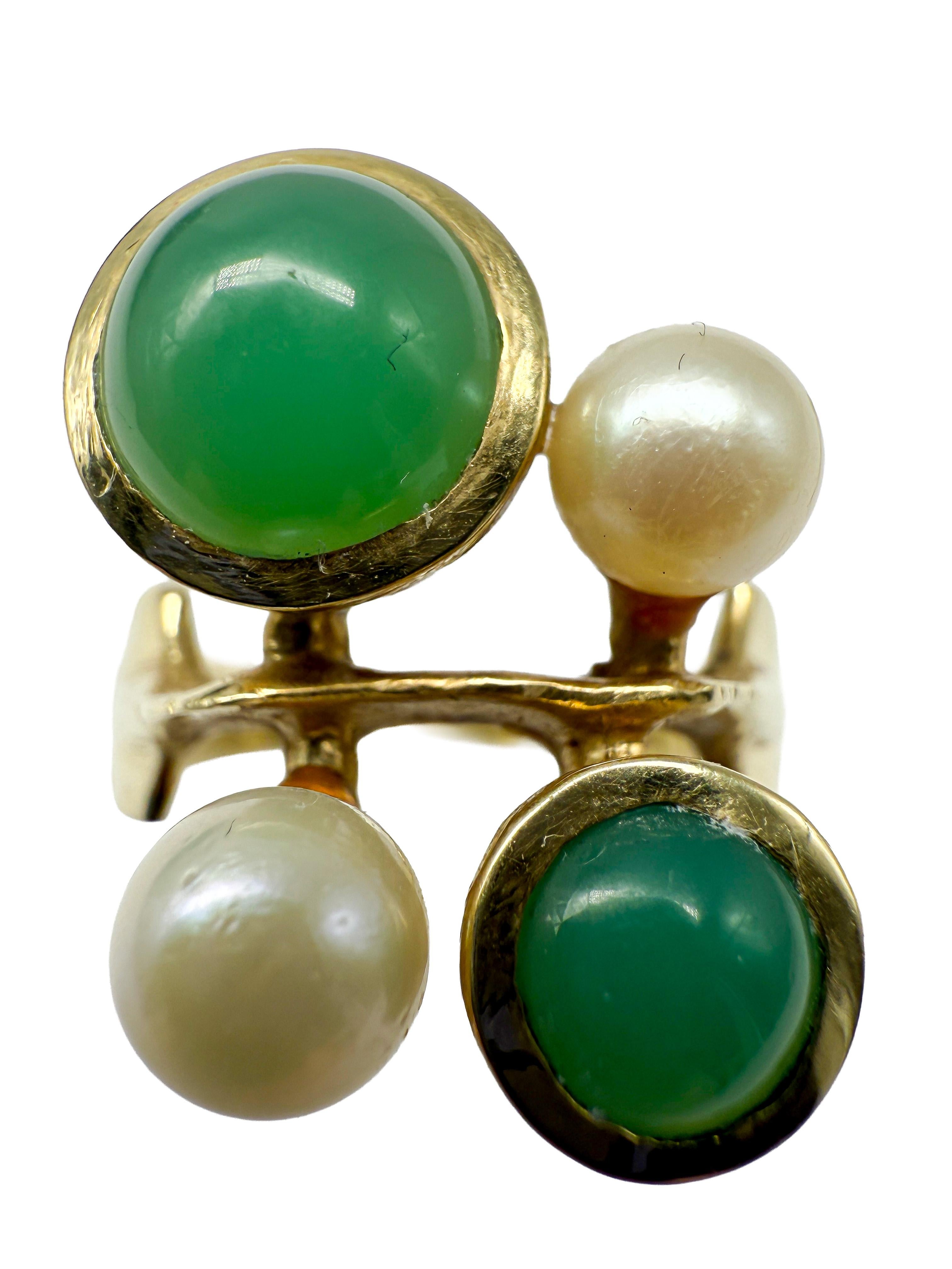 585 Bague en or jaune avec perles et jade Bon état - En vente à Berlin, DE