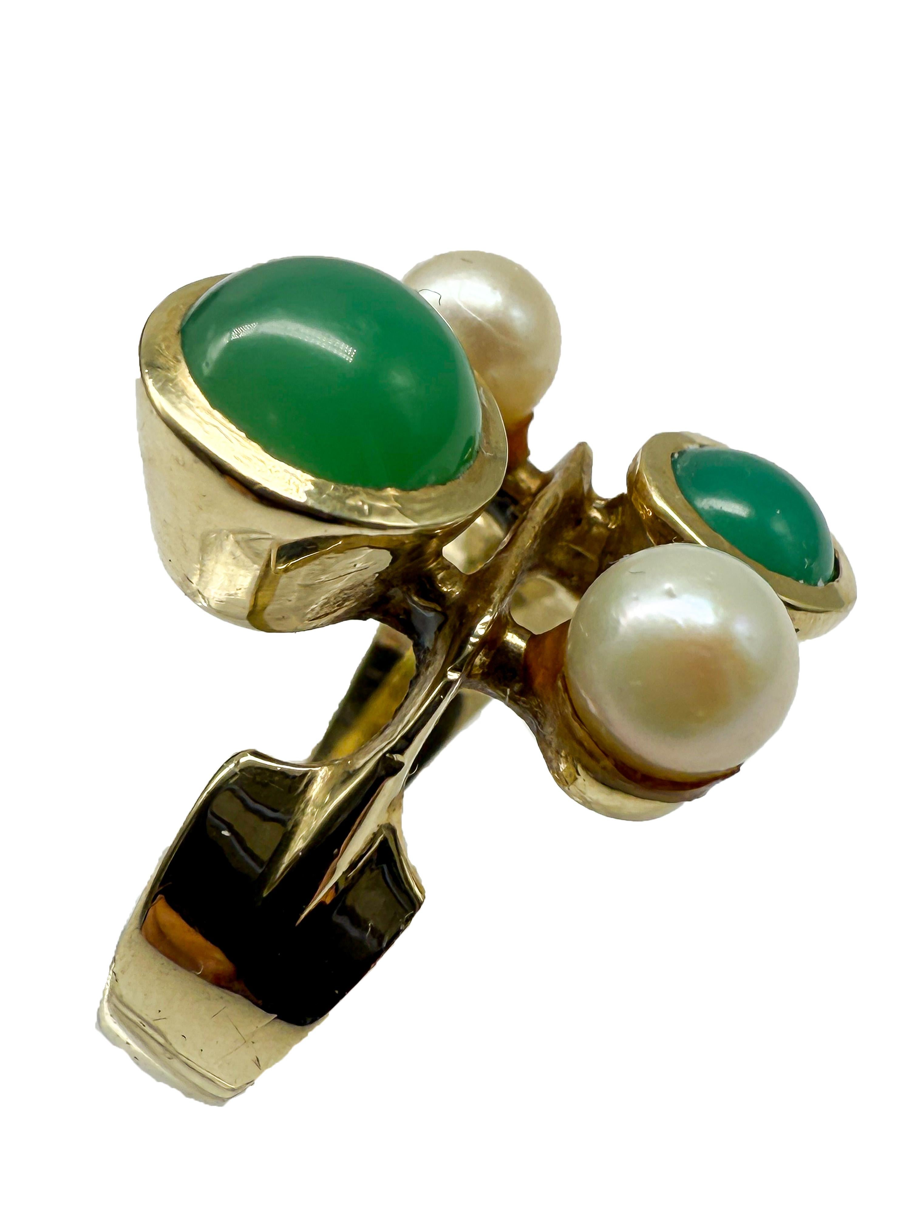 585 Bague en or jaune avec perles et jade Unisexe en vente