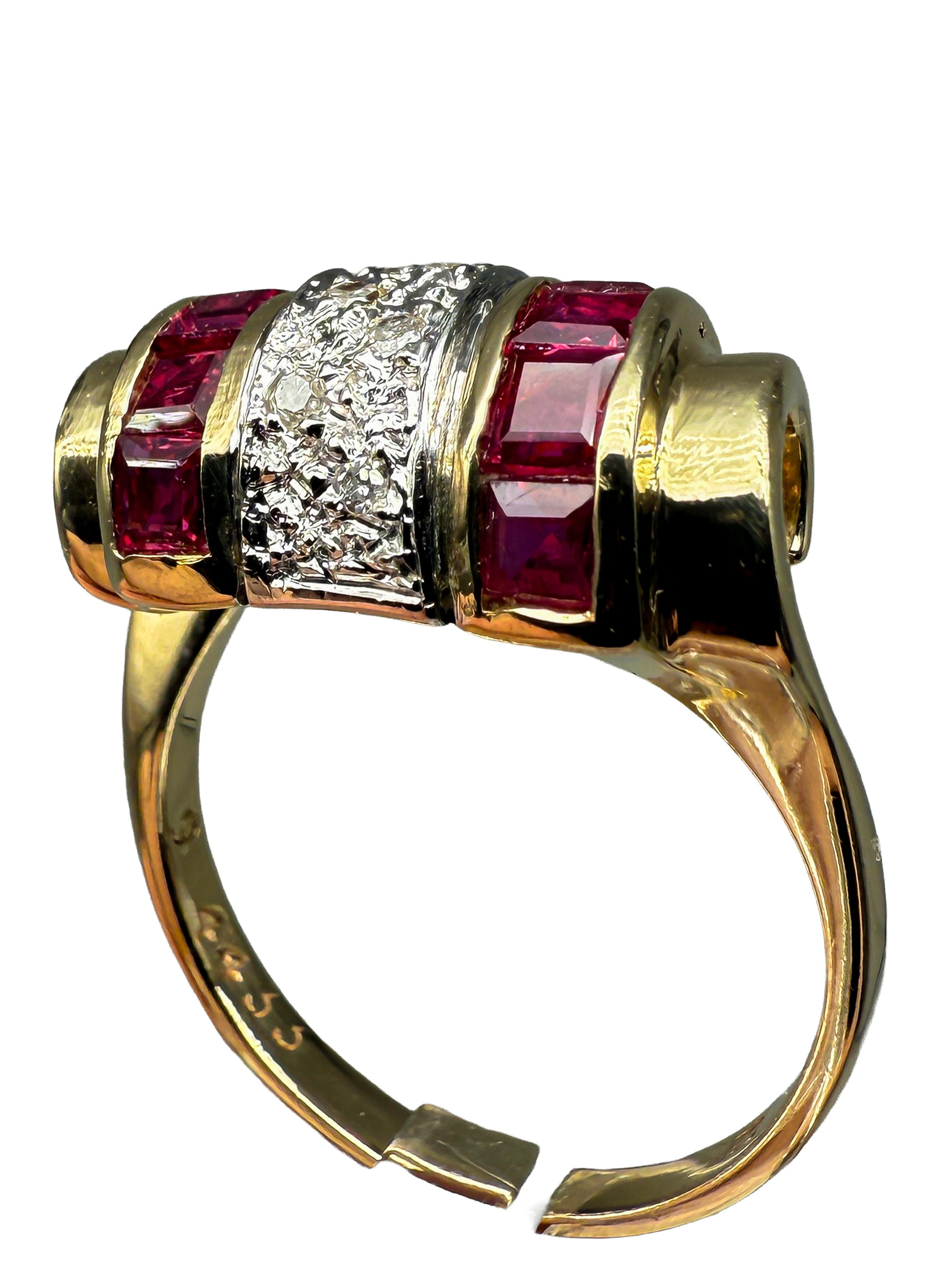 Rétro 585 yellow gold ring with rubies and diamonds; certificate included en vente