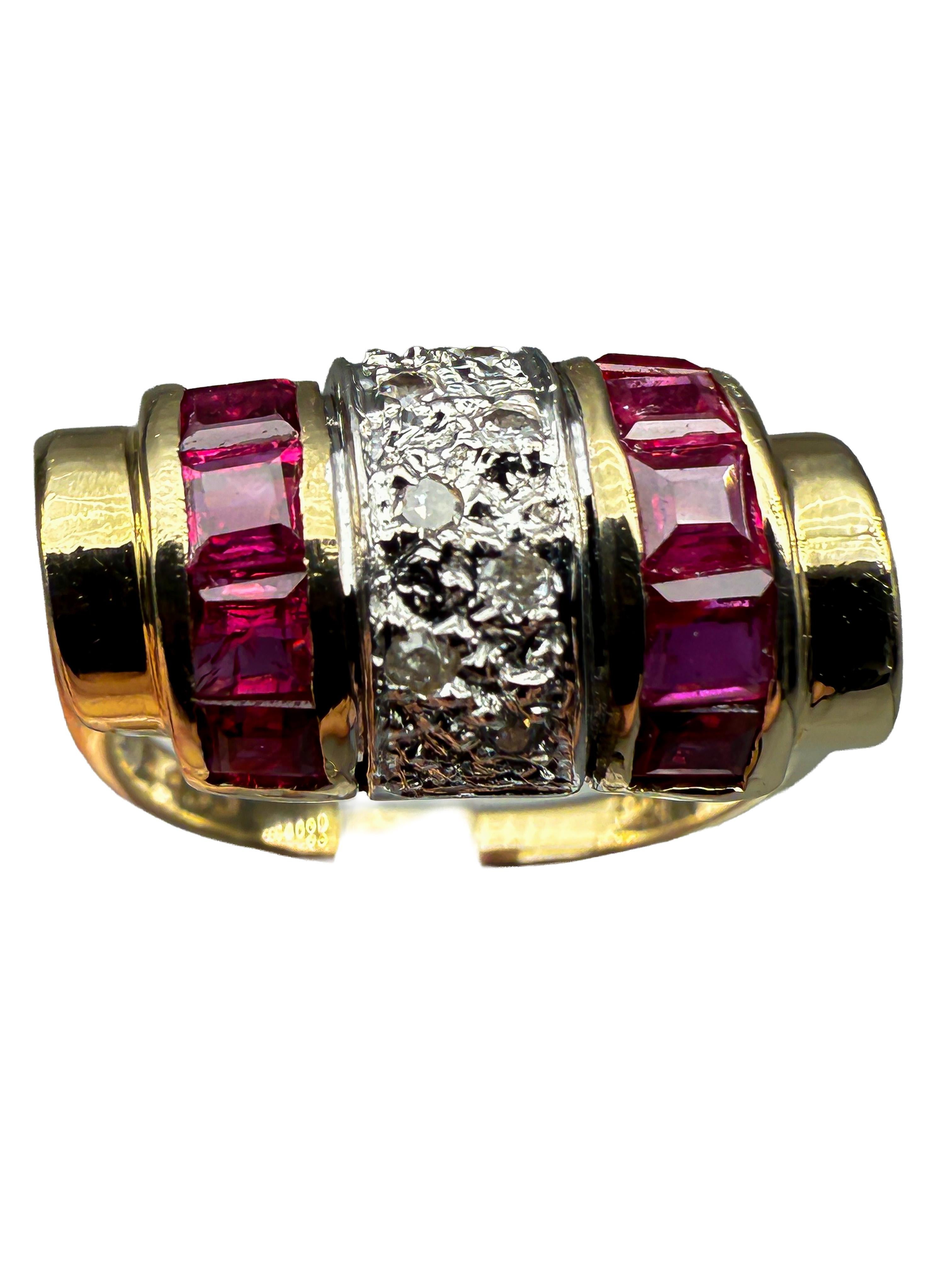 Taille carrée 585 yellow gold ring with rubies and diamonds; certificate included en vente