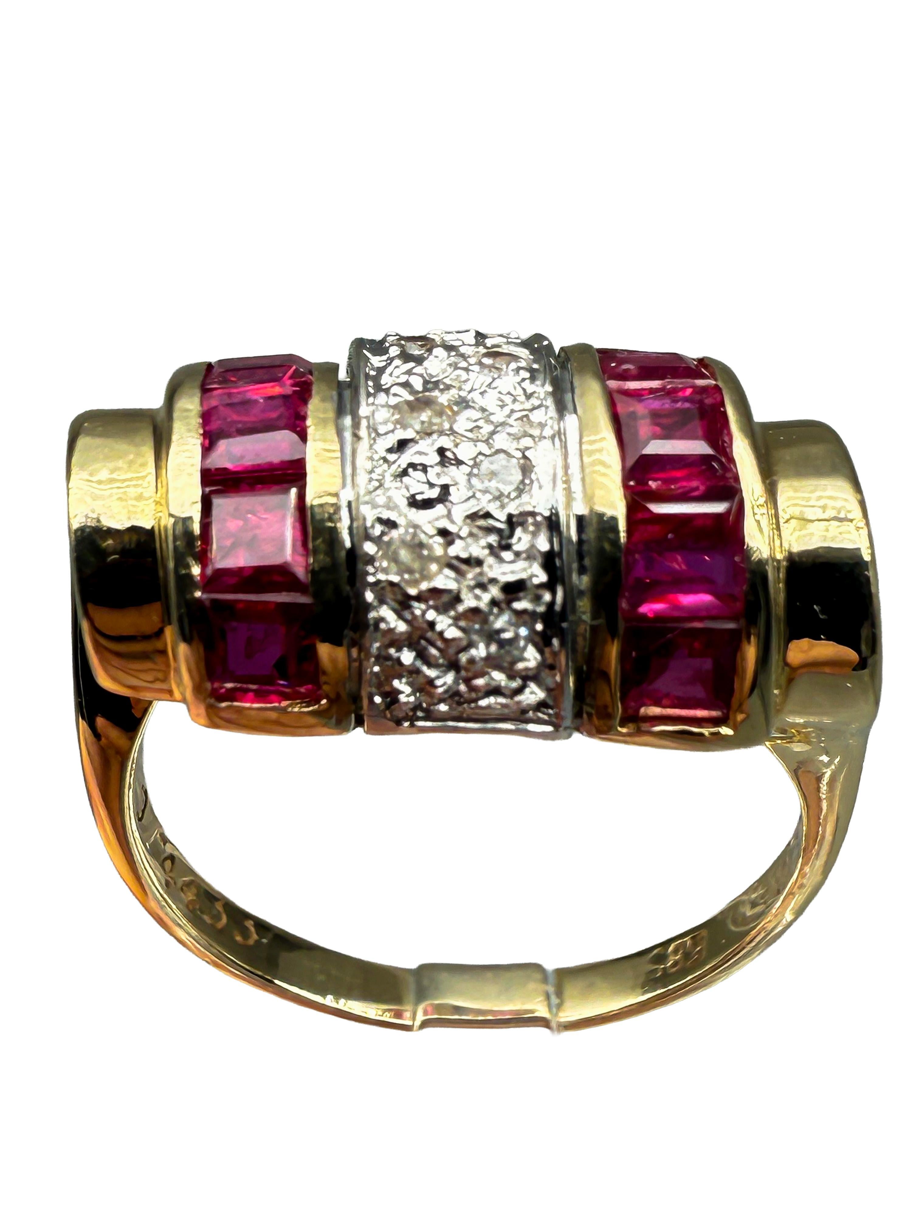 585 yellow gold ring with rubies and diamonds; certificate included en vente 2