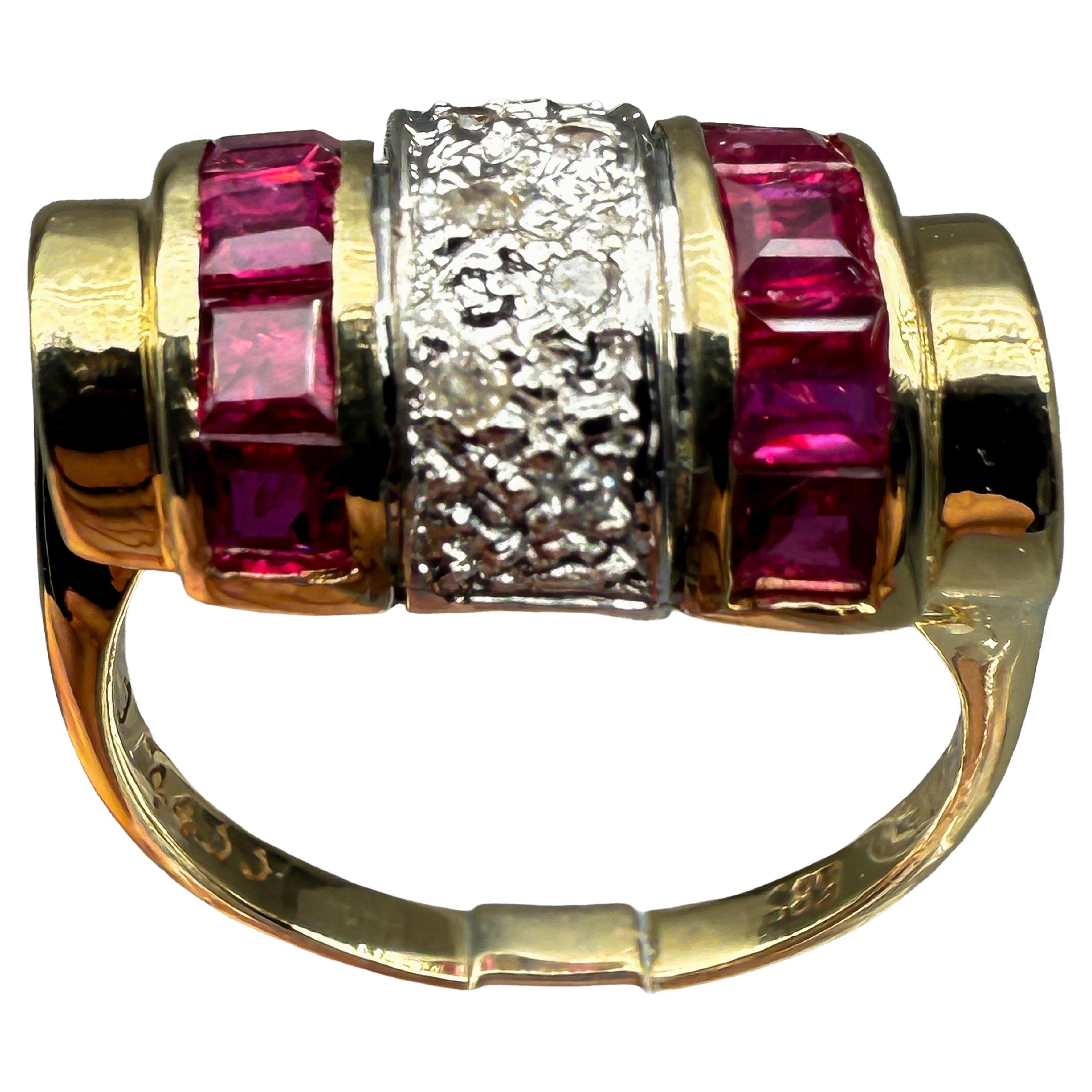 585 yellow gold ring with rubies and diamonds; certificate included