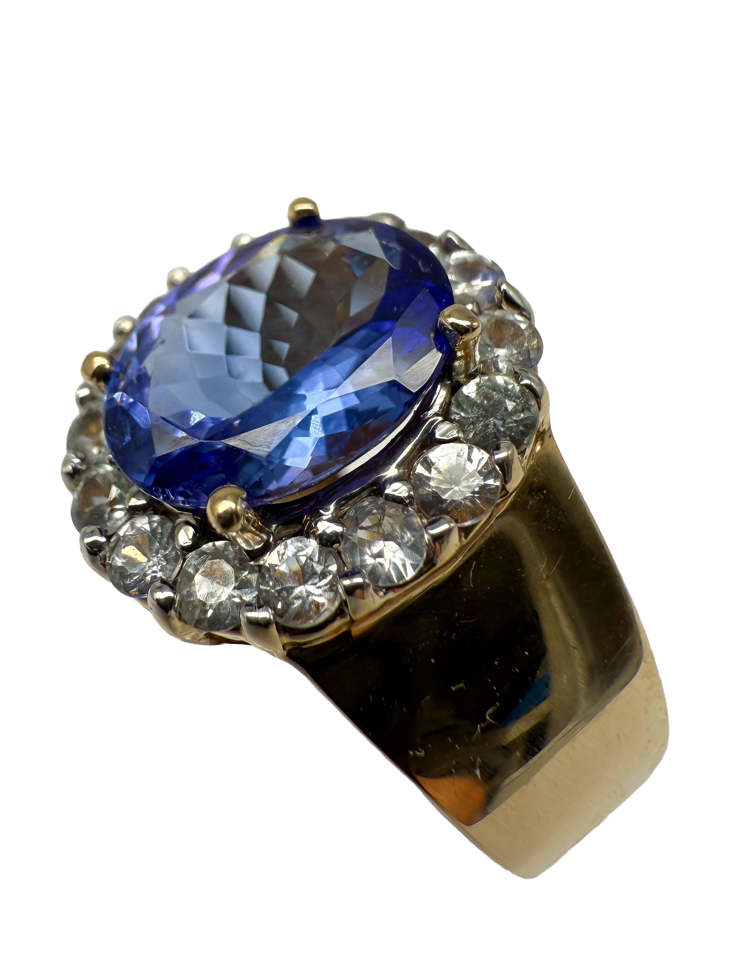 Rétro 585 Bague en or jaune avec tanzanite et diamants en vente