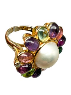 585 Yellow Gold Ring with Tourmalines, Mabe Pearl and Diamonds
