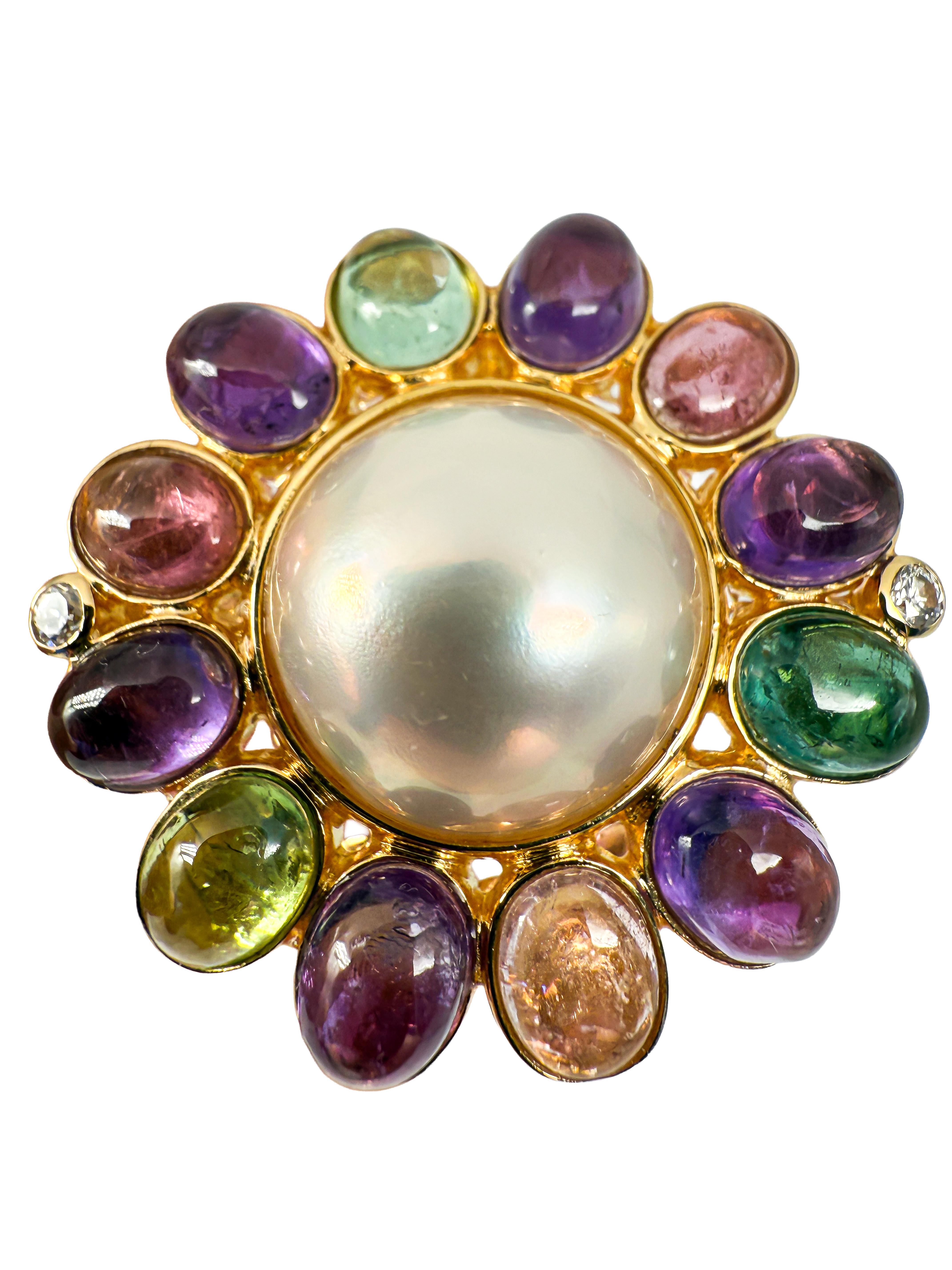 Rétro 585 Anello in oro giallo con tormaline, perla Mabe e diamanti in vendita