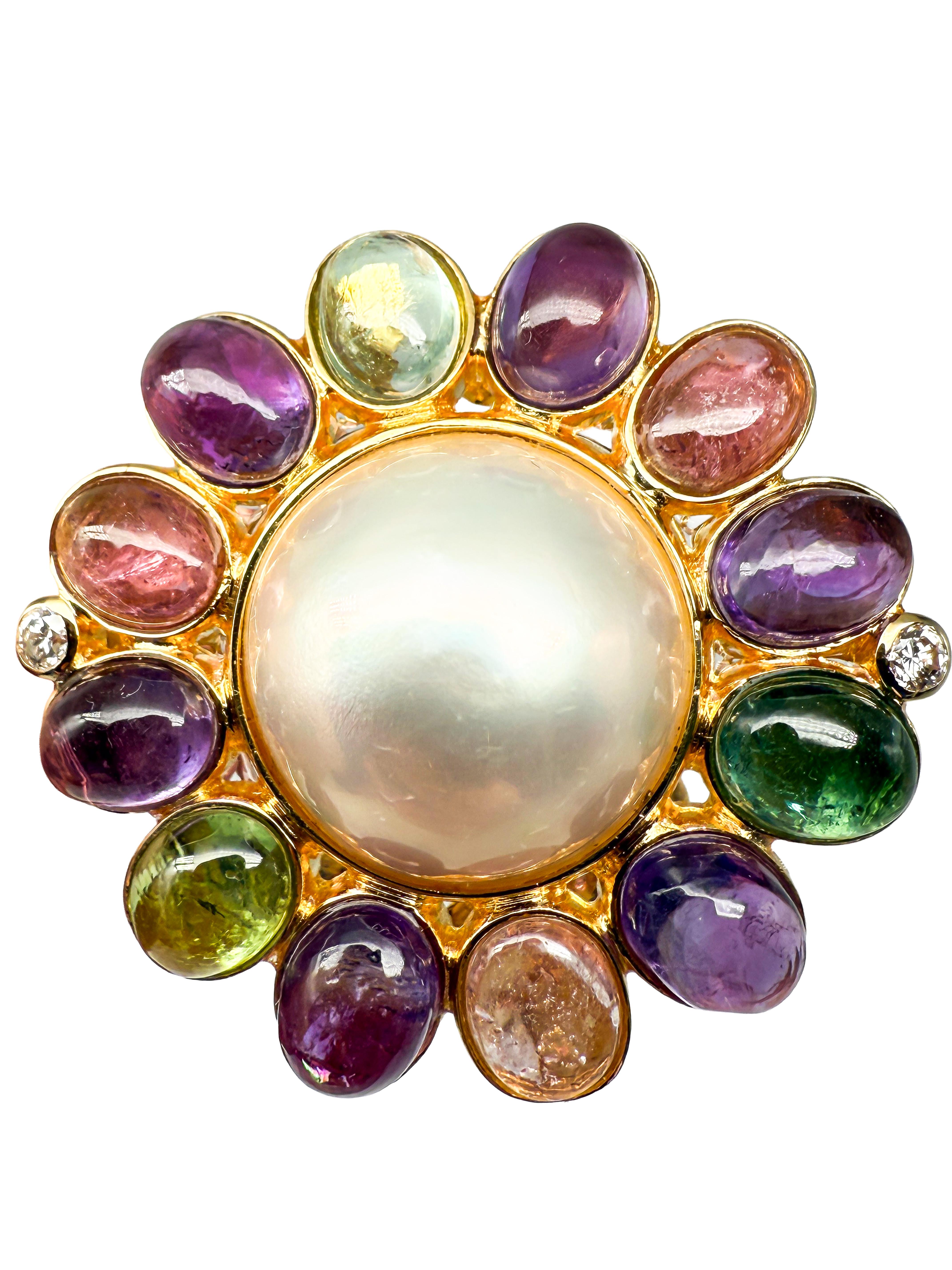 585 Bague en or jaune avec tourmalines, perle de Mabe et diamants