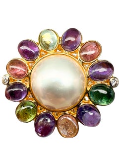 585 Bague en or jaune avec tourmalines, perle de Mabe et diamants