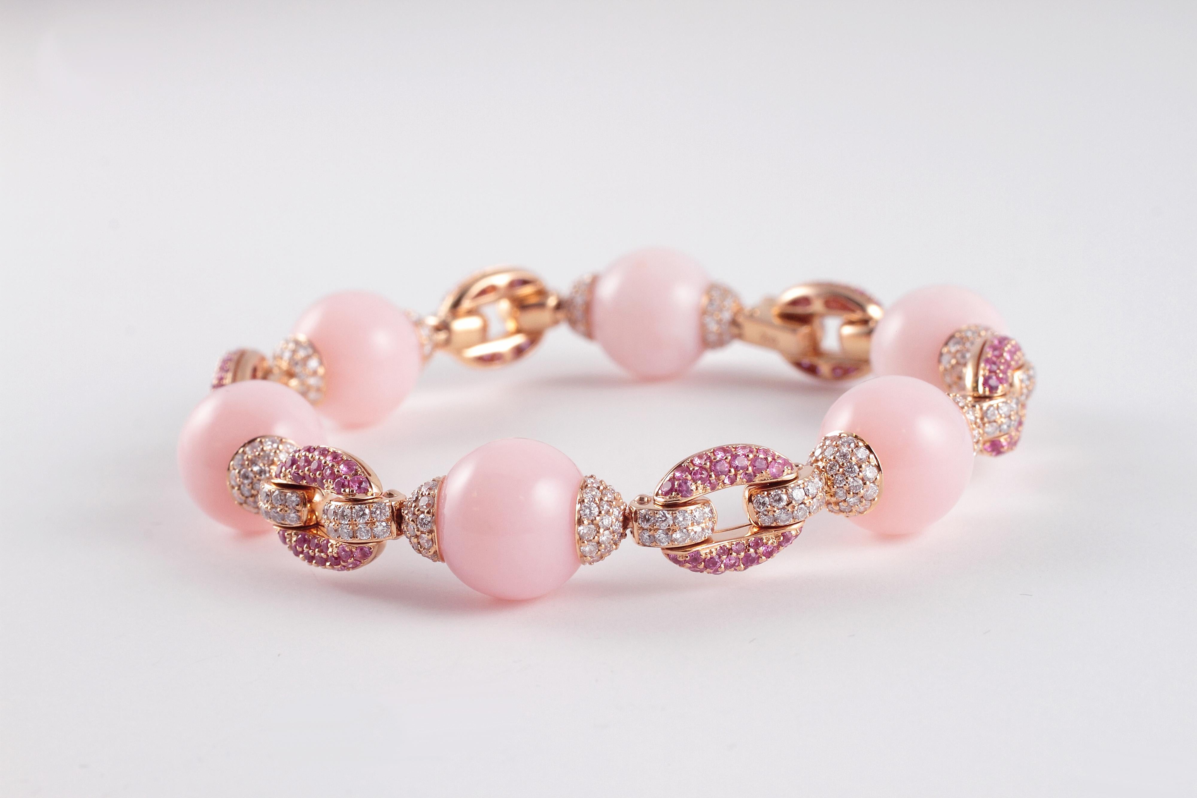 Round Cut 58.52 Carat Pink Opal 2.14 Carat Pink Sapphire 3.55 Carats Diamond Bracelet For Sale