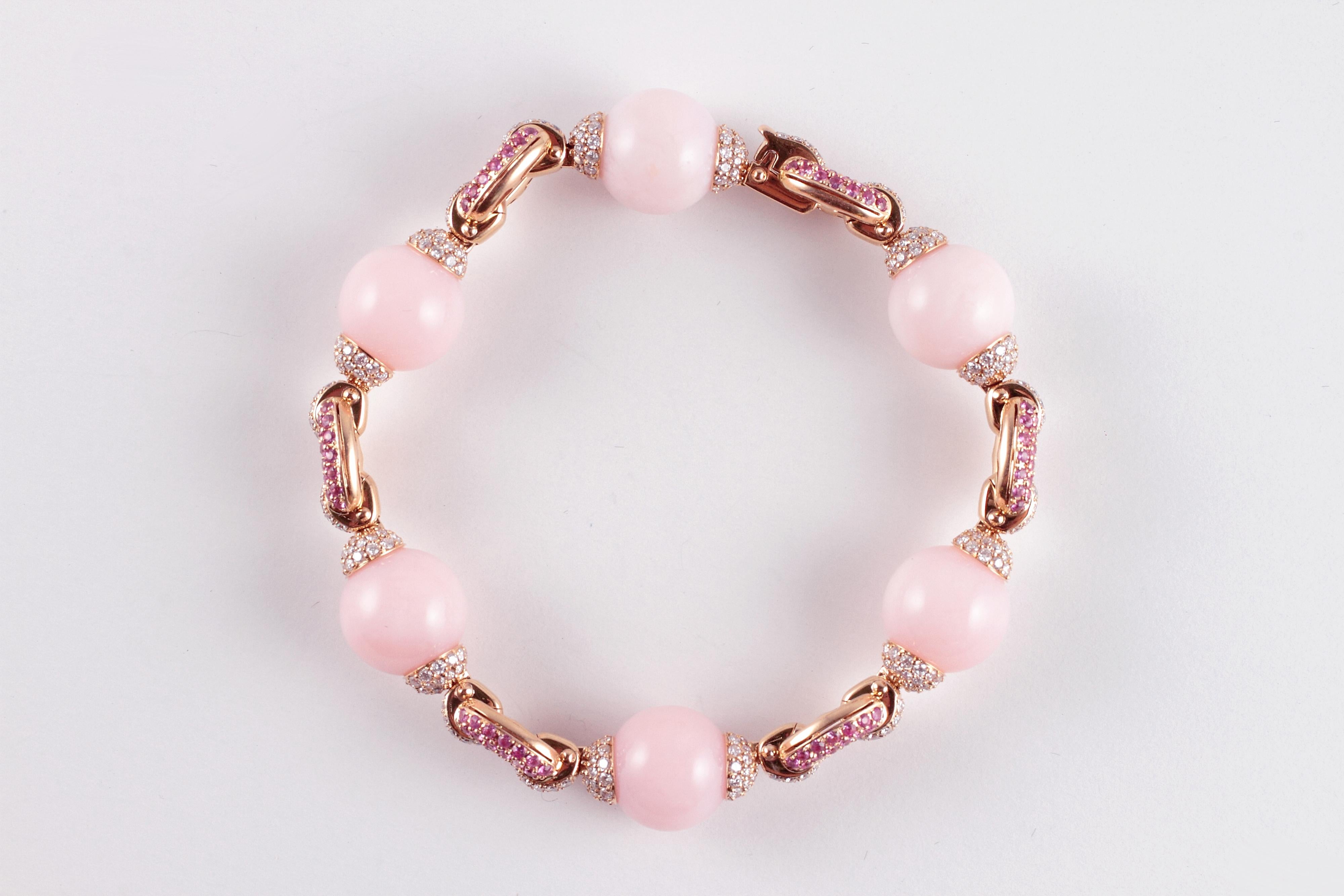 58.52 Carat Pink Opal 2.14 Carat Pink Sapphire 3.55 Carats Diamond Bracelet In Good Condition For Sale In Dallas, TX