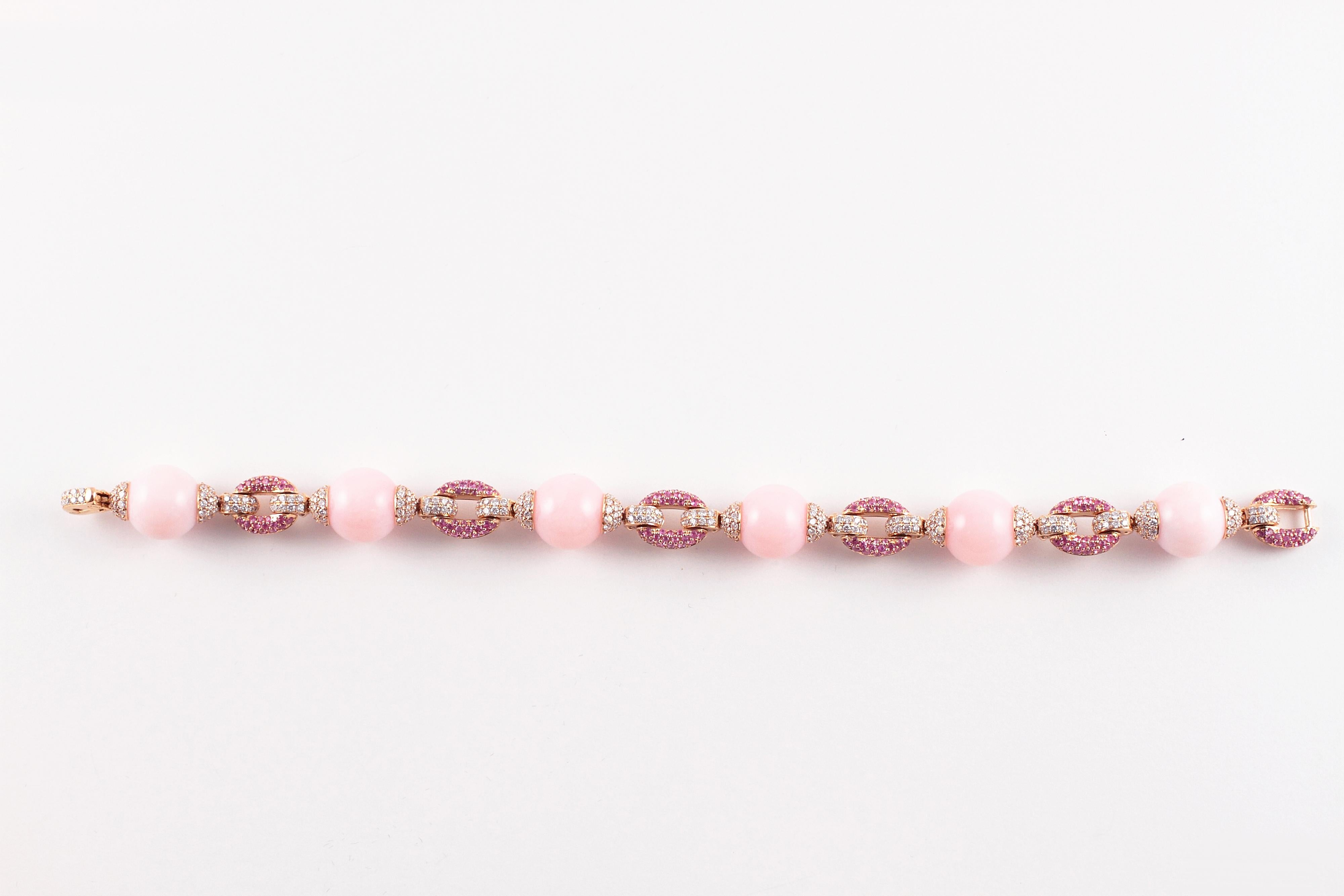 Women's or Men's 58.52 Carat Pink Opal 2.14 Carat Pink Sapphire 3.55 Carats Diamond Bracelet For Sale