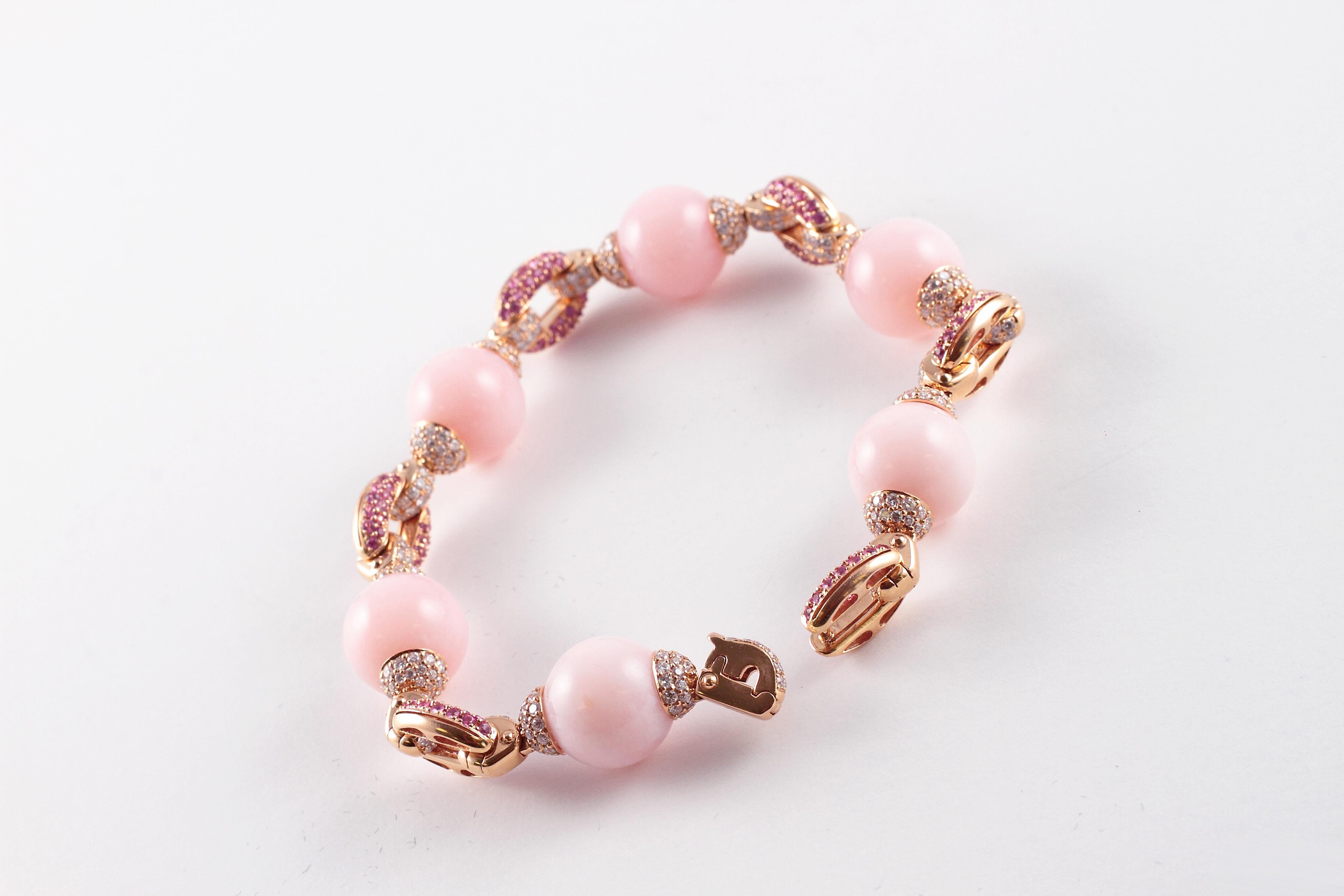 58.52 Carat Pink Opal 2.14 Carat Pink Sapphire 3.55 Carats Diamond Bracelet For Sale 2