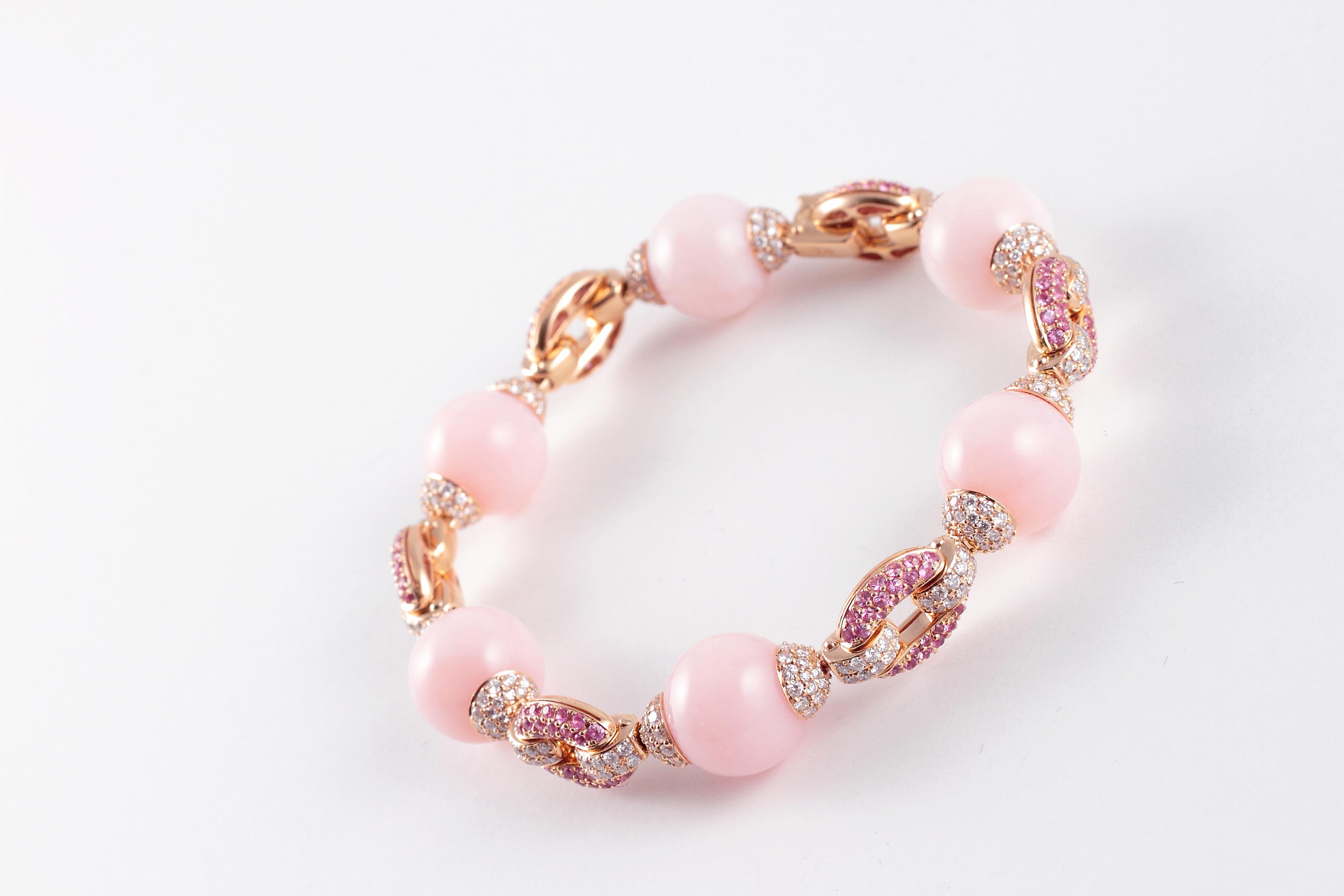 58.52 Carat Pink Opal 2.14 Carat Pink Sapphire 3.55 Carats Diamond Bracelet For Sale 3