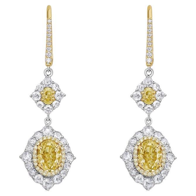 5.85ct GIA Light Yellow Oval and Rose Cut Diamond Earrings For Sale