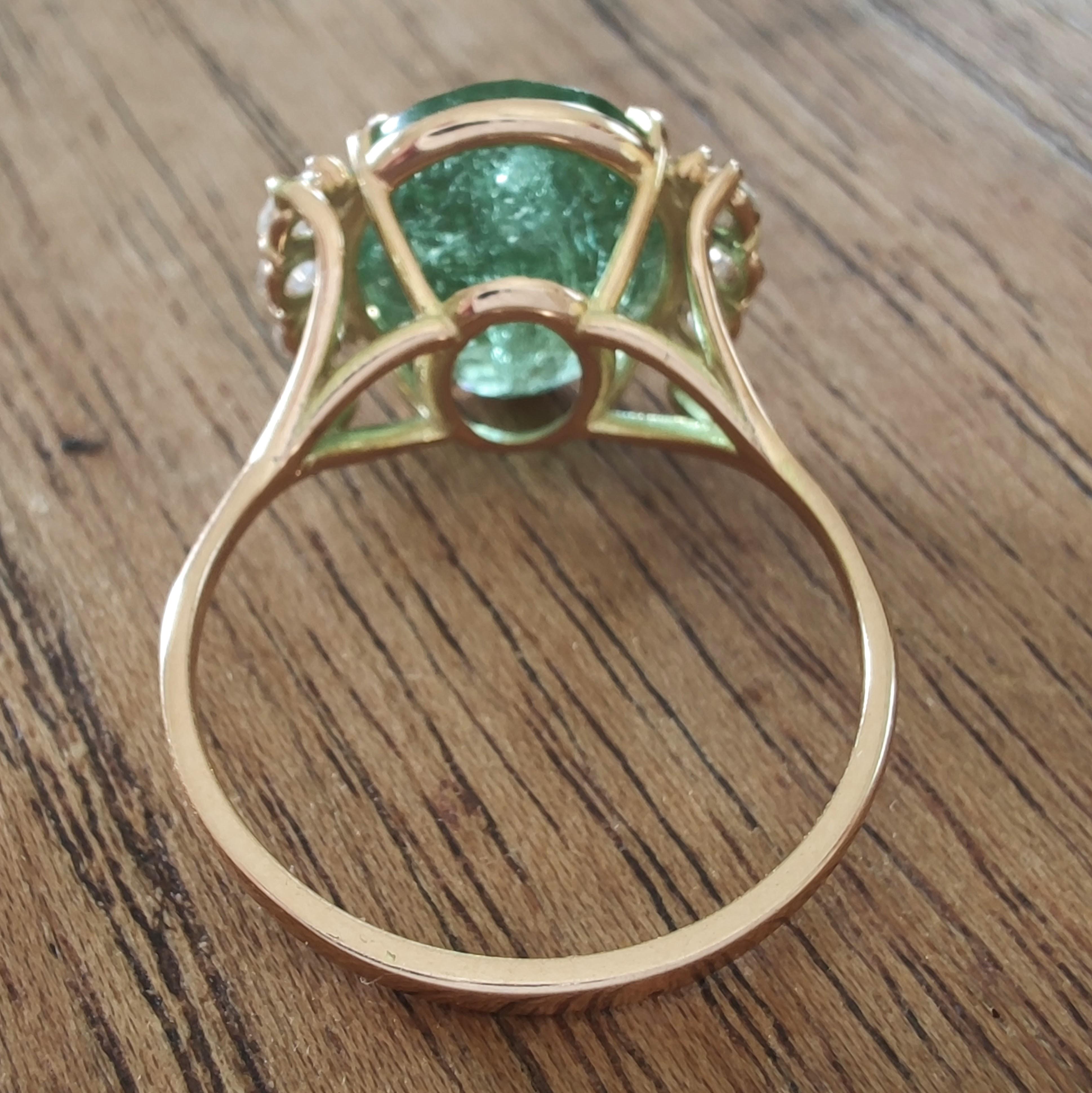5.85ct Green Tourmaline Diamond Cocktail Ring- 14K Yellow Gold – Handmade Ring In New Condition For Sale In Sant Josep de sa Talaia, IB