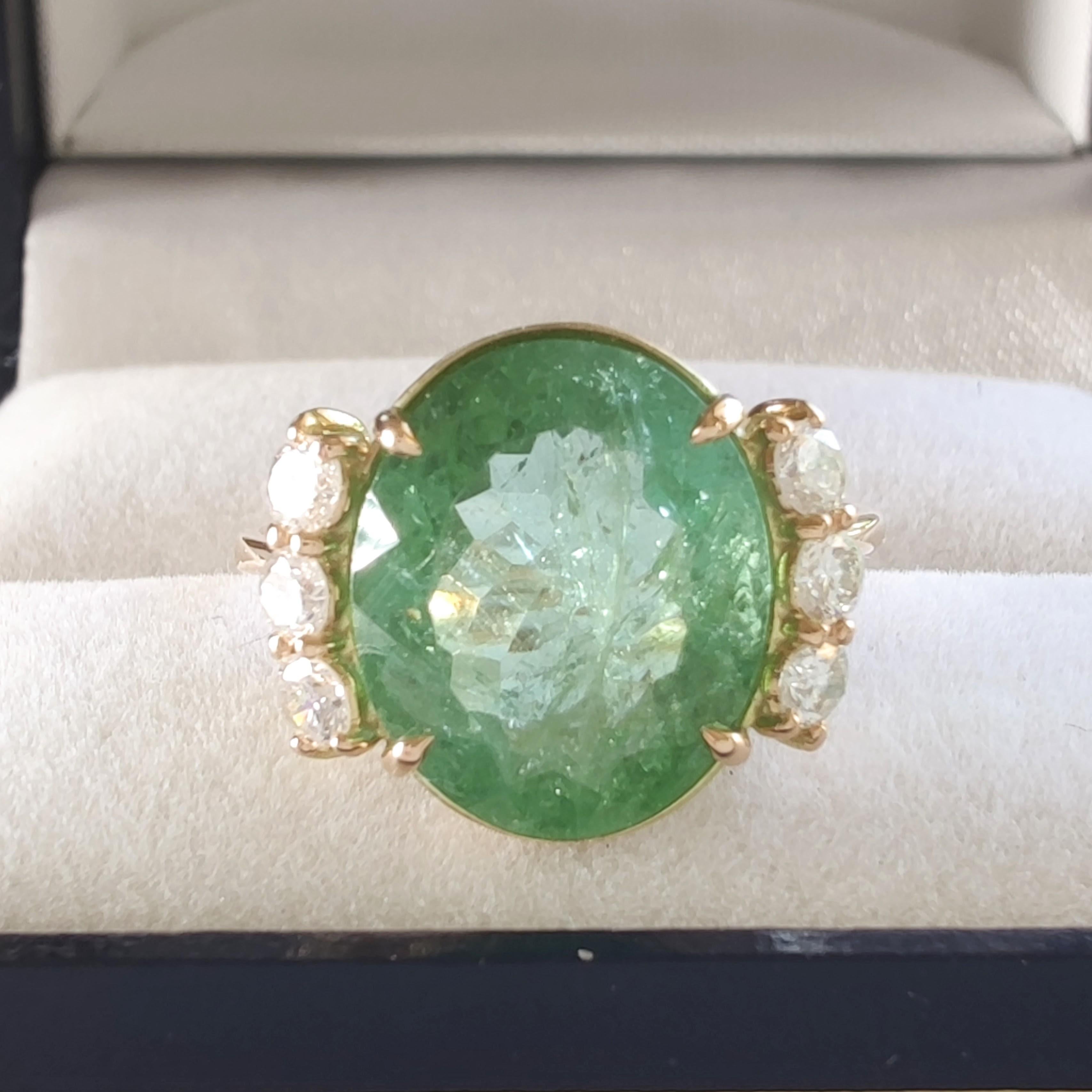 5.85ct Green Tourmaline Diamond Cocktail Ring- 14K Yellow Gold – Handmade Ring For Sale 2