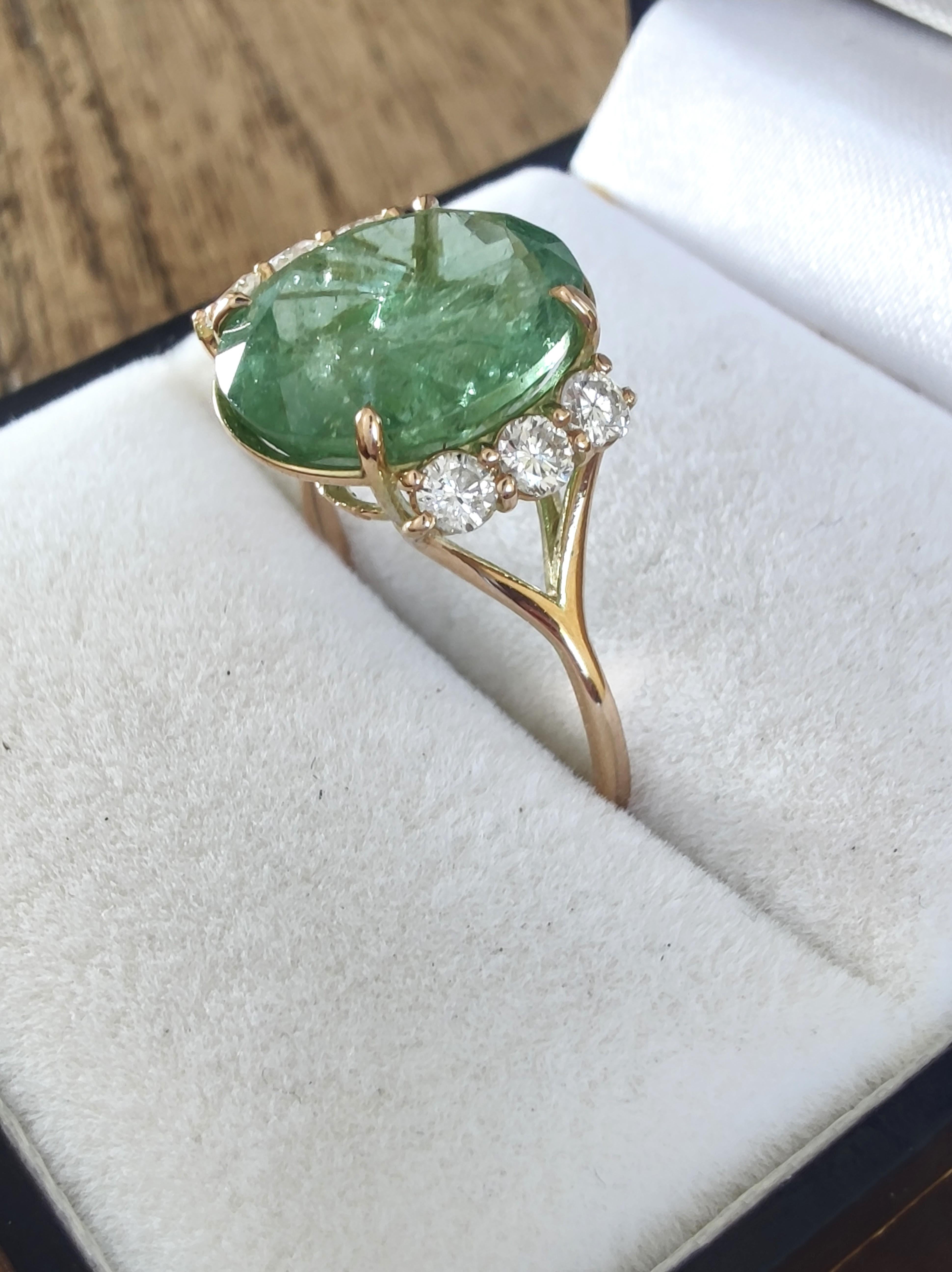 5.85ct Green Tourmaline Diamond Cocktail Ring- 14K Yellow Gold – Handmade Ring For Sale 3