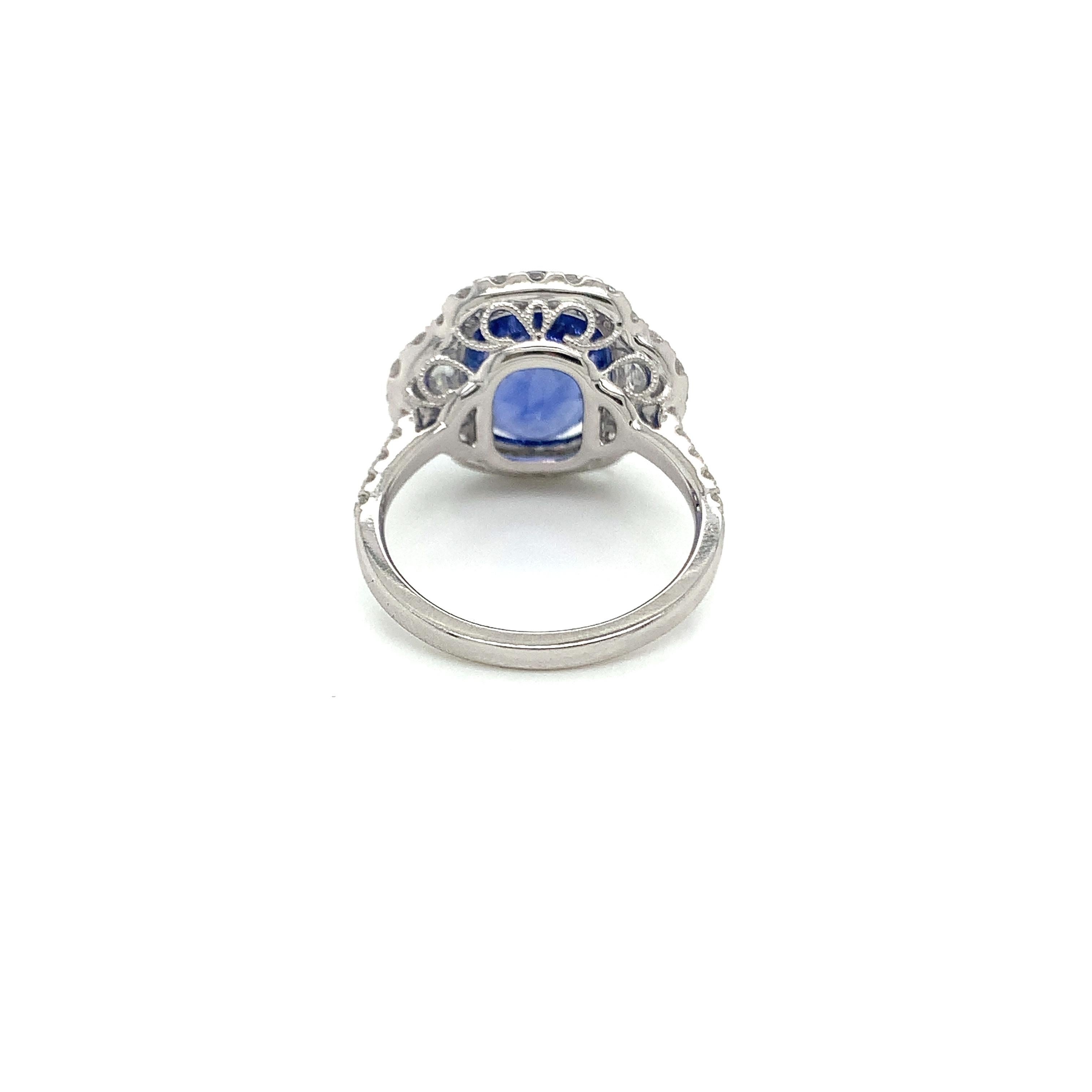 5.86 Carat Blue Sapphire & Diamond Ring in 18 Karat White Gold In New Condition For Sale In Great Neck, NY