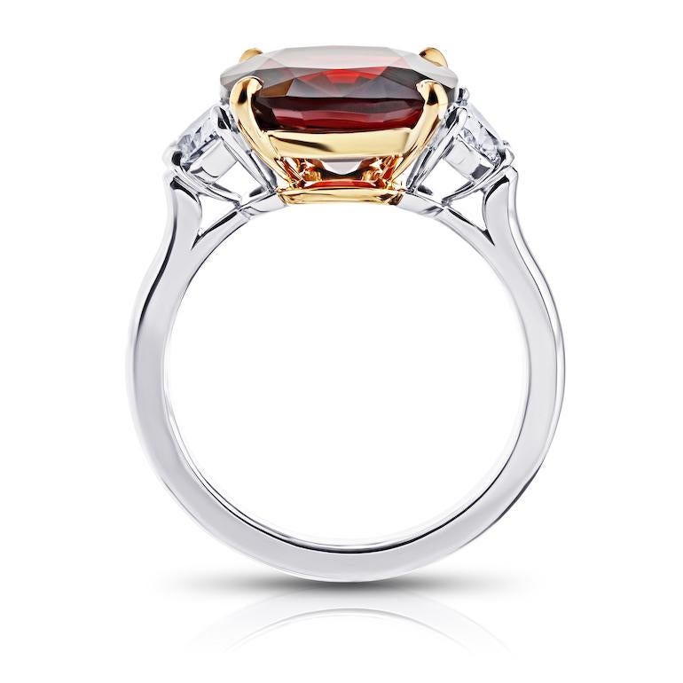 Contemporary 5.86 Carat Cushion Red Spinel with Two Half Moon Diamonds Platinum Ring For Sale