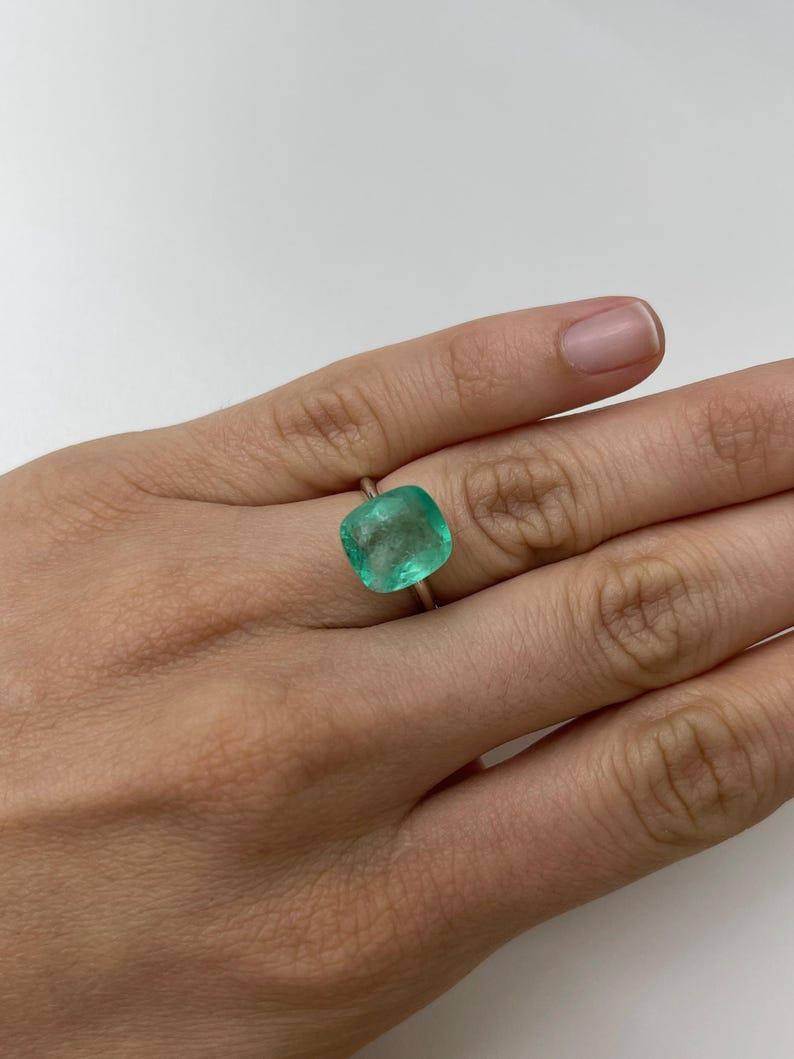 5.86 Carat Earthy Pastel Green Colombian Emerald - Cushion Cut May Birthstone For Sale 3
