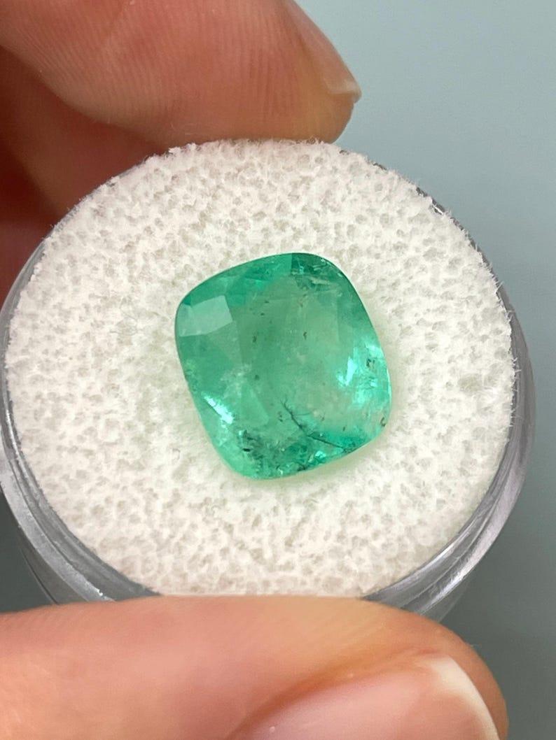 5.86 Carat Earthy Pastel Green Colombian Emerald - Cushion Cut May Birthstone In New Condition For Sale In Jupiter, FL