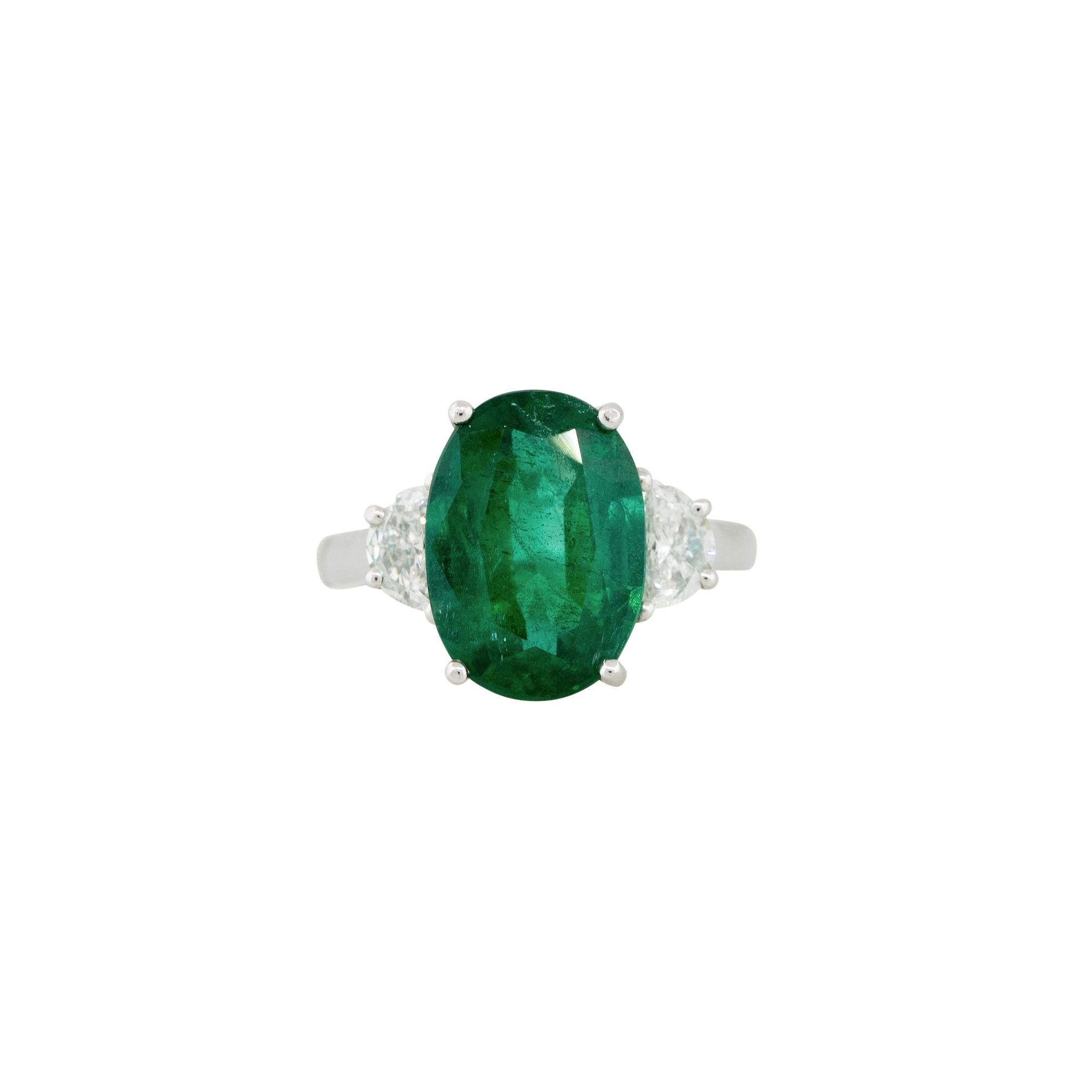 Women's 5.86 Carat Emerald and Half Moon Diamond Side Stones Ring Platinum In Stock For Sale