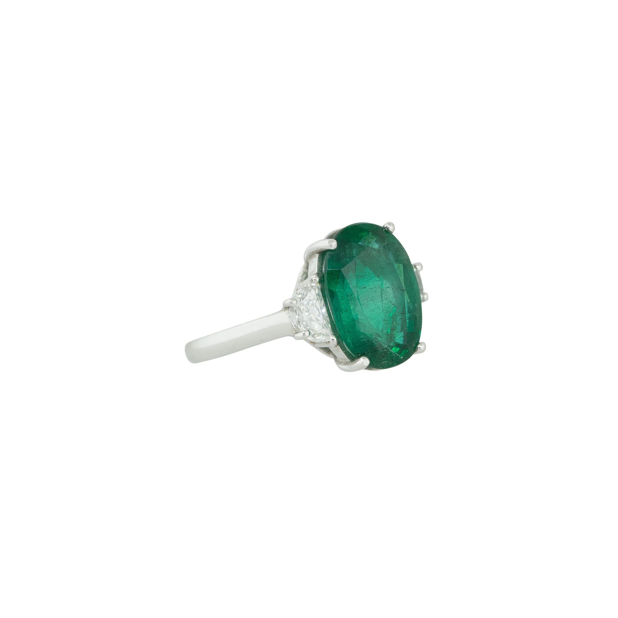 5.86 Carat Emerald and Half Moon Diamond Side Stones Ring Platinum In Stock For Sale 1