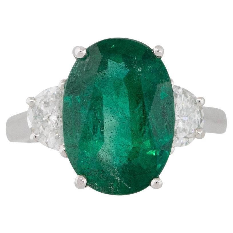 5.86 Carat Emerald and Half Moon Diamond Side Stones Ring Platinum In Stock For Sale